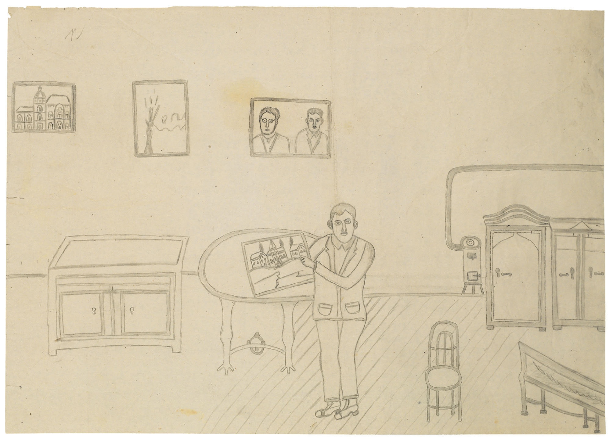 Emerik Feješ * 1904 in Osijek (HRV) † 1969 in Novi Sad (SRB) Selbstportrait in Sylvia’s Büro, 1952 pencil on paper 42 x 59.5 cm (Sammlung Zander | Naive Art)