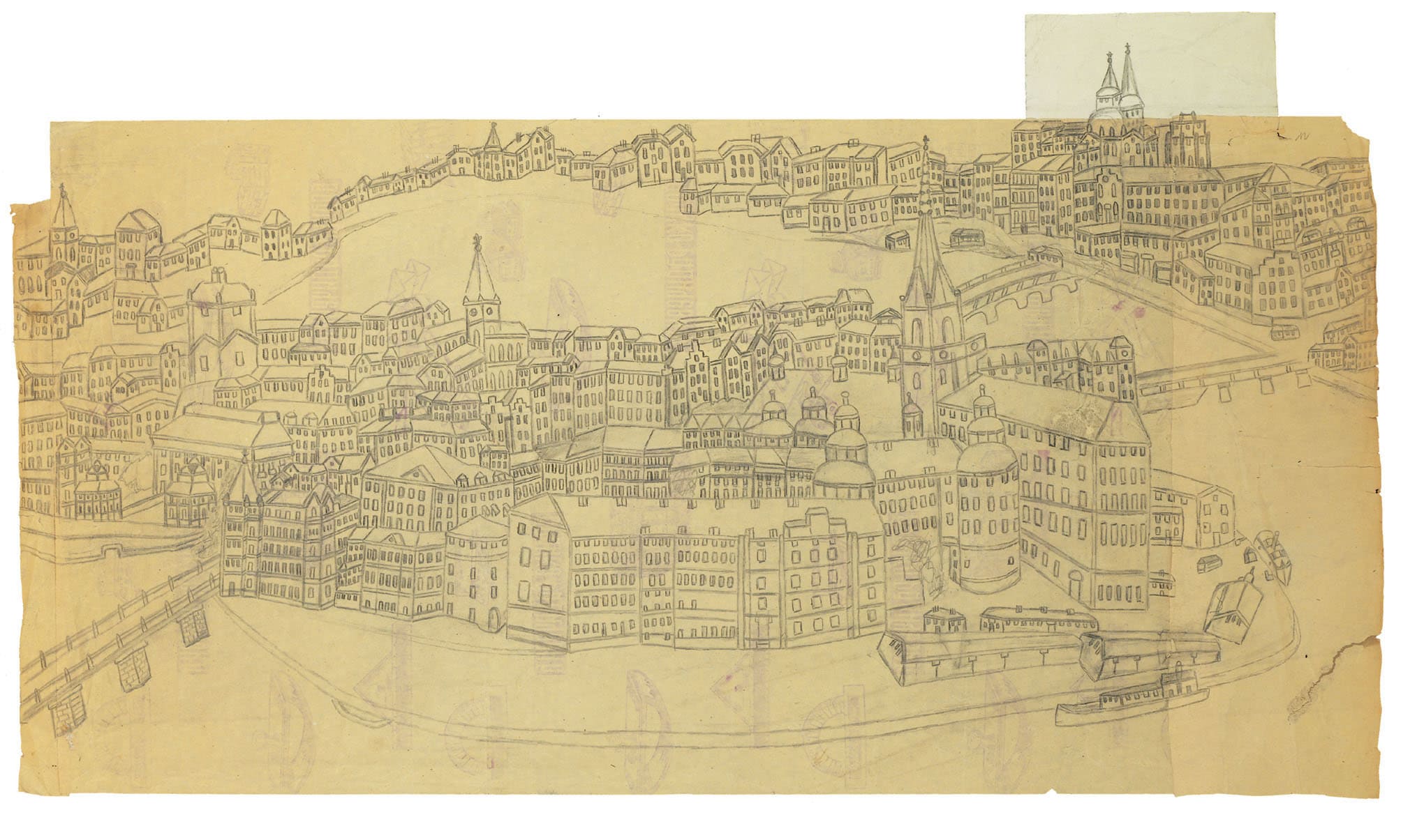 Emerik Feješ * 1904 in Osijek (HRV) † 1969 in Novi Sad (SRB) Stadt am Fluß, undated pencil on paper 58 x 100.5 cm (Sammlung Zander | Naive Art)