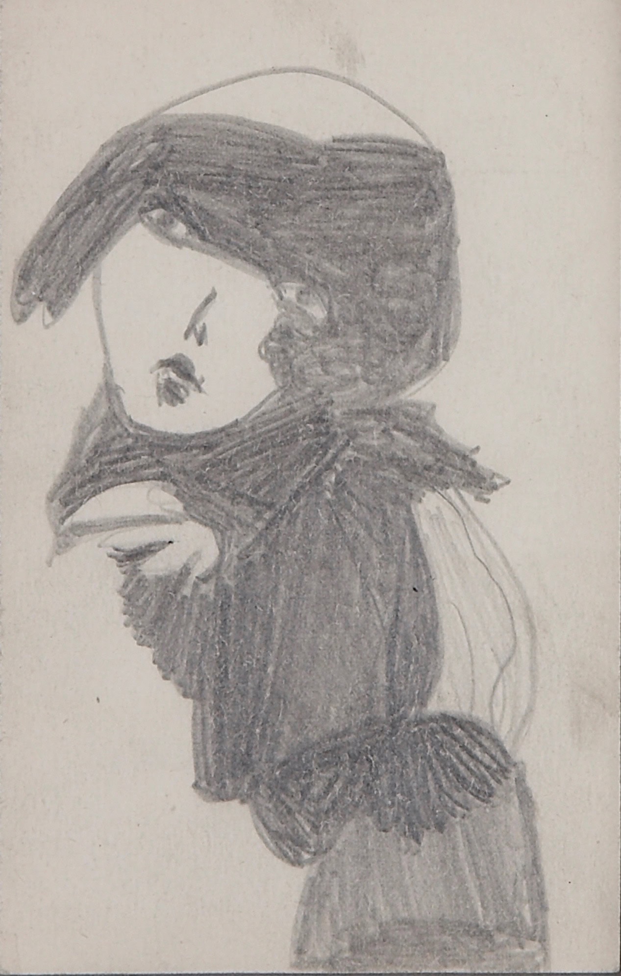 Madge Gill * 1882 in London (GBR) † 1961 in London (GBR) Girl with hat, undated Pencil on paper 14 x 9 cm (Sammlung Zander | Naive Art)