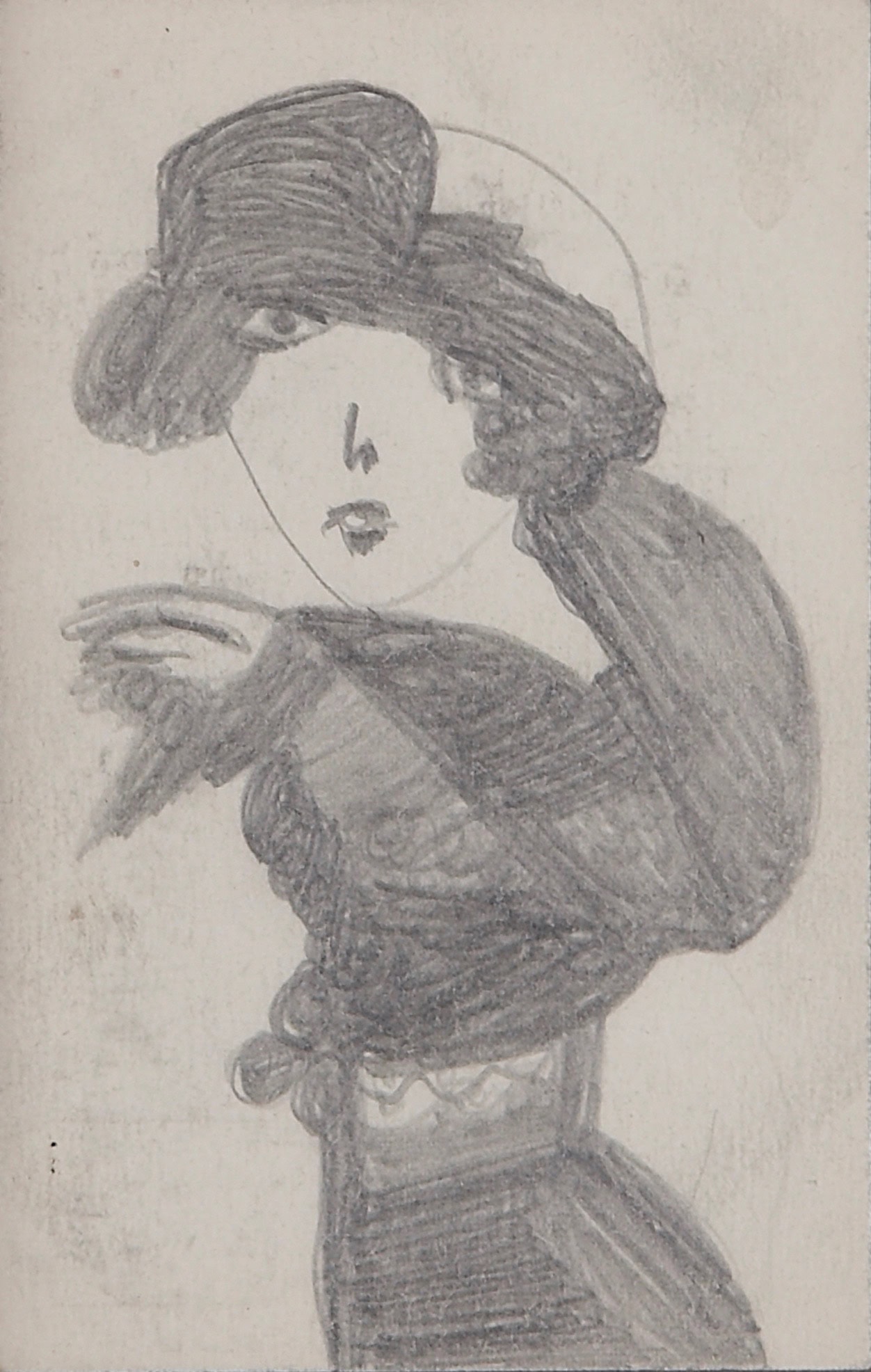 Madge Gill * 1882 in London (GBR) † 1961 in London (GBR) Girl with hat, undated Pencil on Paper 14 x 9 cm (Sammlung Zander | Naive Art)