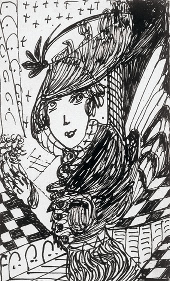 Madge Gill * 1882 in London (GBR) † 1961 in London (GBR) Girl with hat, 6.1.1948 Indian ink on cardboard 14 x 8.5 cm (Sammlung Zander | Naive Art)