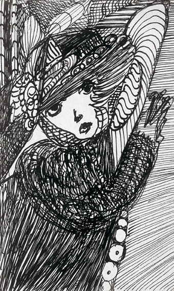 Madge Gill * 1882 in London (GBR) † 1961 in London (GBR) Girl with hat, 10.1.1948 Indian ink on cardboard 14 x 8.5 cm (Sammlung Zander | Naive Art)