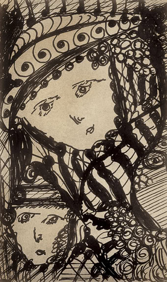 Madge Gill * 1882 in London (GBR) † 1961 in London (GBR) Two girls heads, undated Indian ink on cardboard 14 x 8.5 cm (Sammlung Zander | Naive Art)