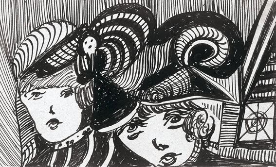 Madge Gill * 1882 in London (GBR) † 1961 in London (GBR) Two girls heads, 3.3.1942 Indian ink on cardboard 8.5 x 14 cm (Sammlung Zander | Naive Art)