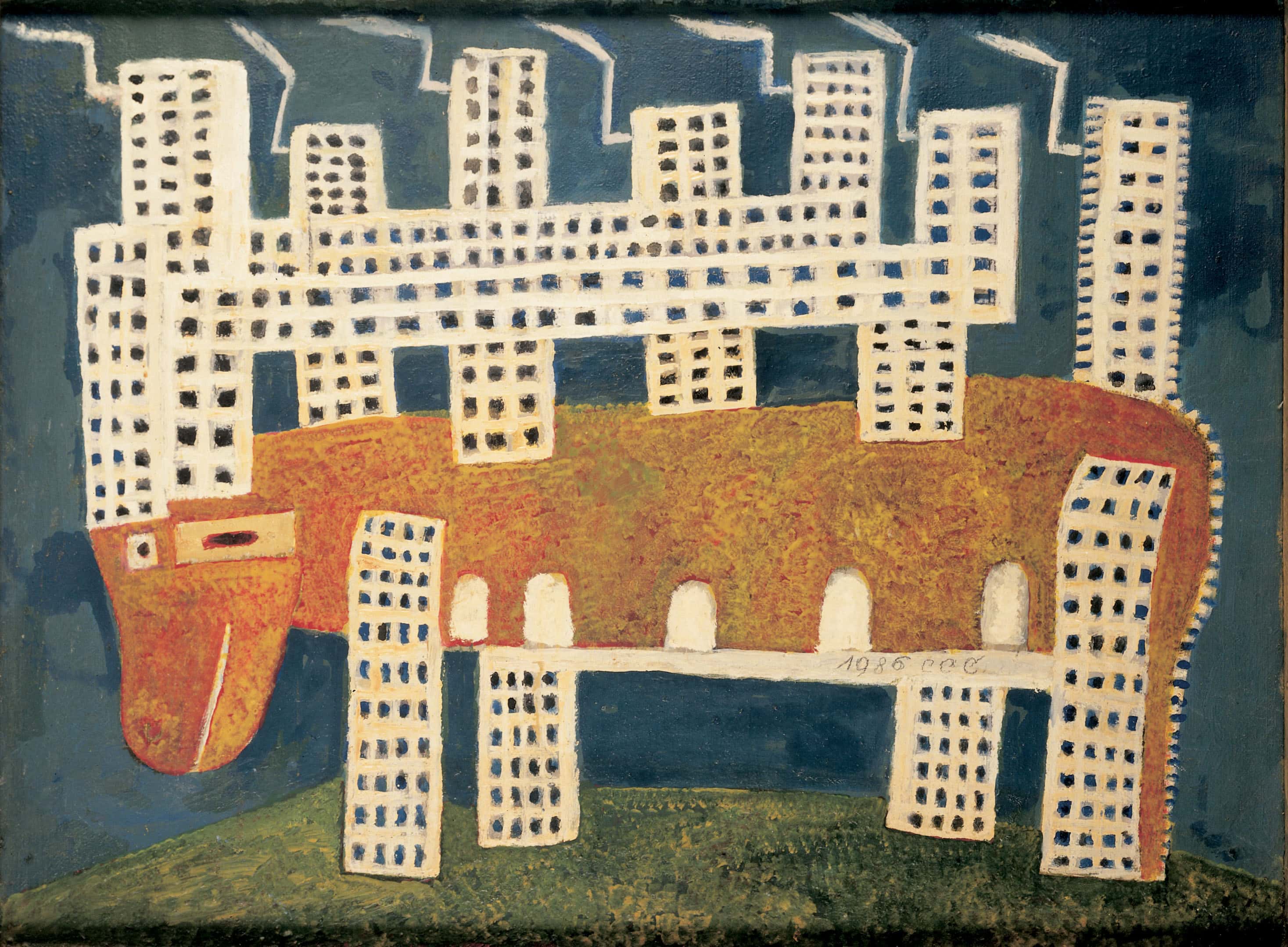 Sava Sekulić * 1902 in Bilišane (HRV) † 1989 in Belgrad (SRB) HIrsch-Stadt, 1986 mixed media on canvas 50 x 80 cm (Sammlung Zander | Naive Art)