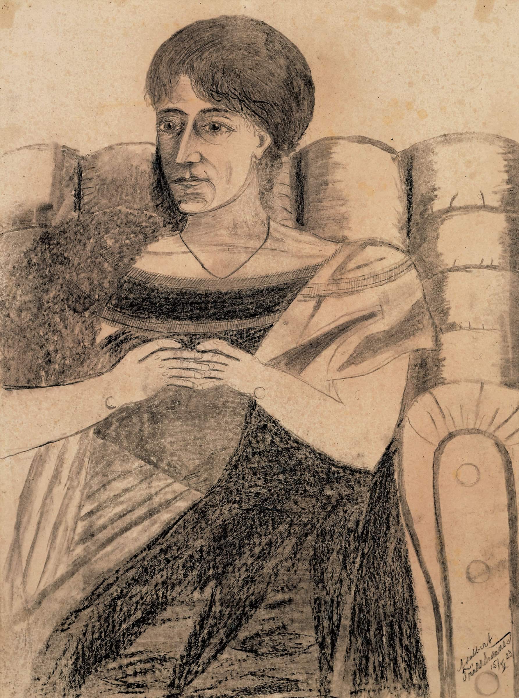 Adalbert Trillhaase * 1858 in Erfurt (DEU) † 1936 in Niederdollendorf (DEU) Portrait of a Lady in a Leather Armchair, 1923 Pencil, chalk on paper 65 x 50 cm (Sammlung Zander | Naive Art)