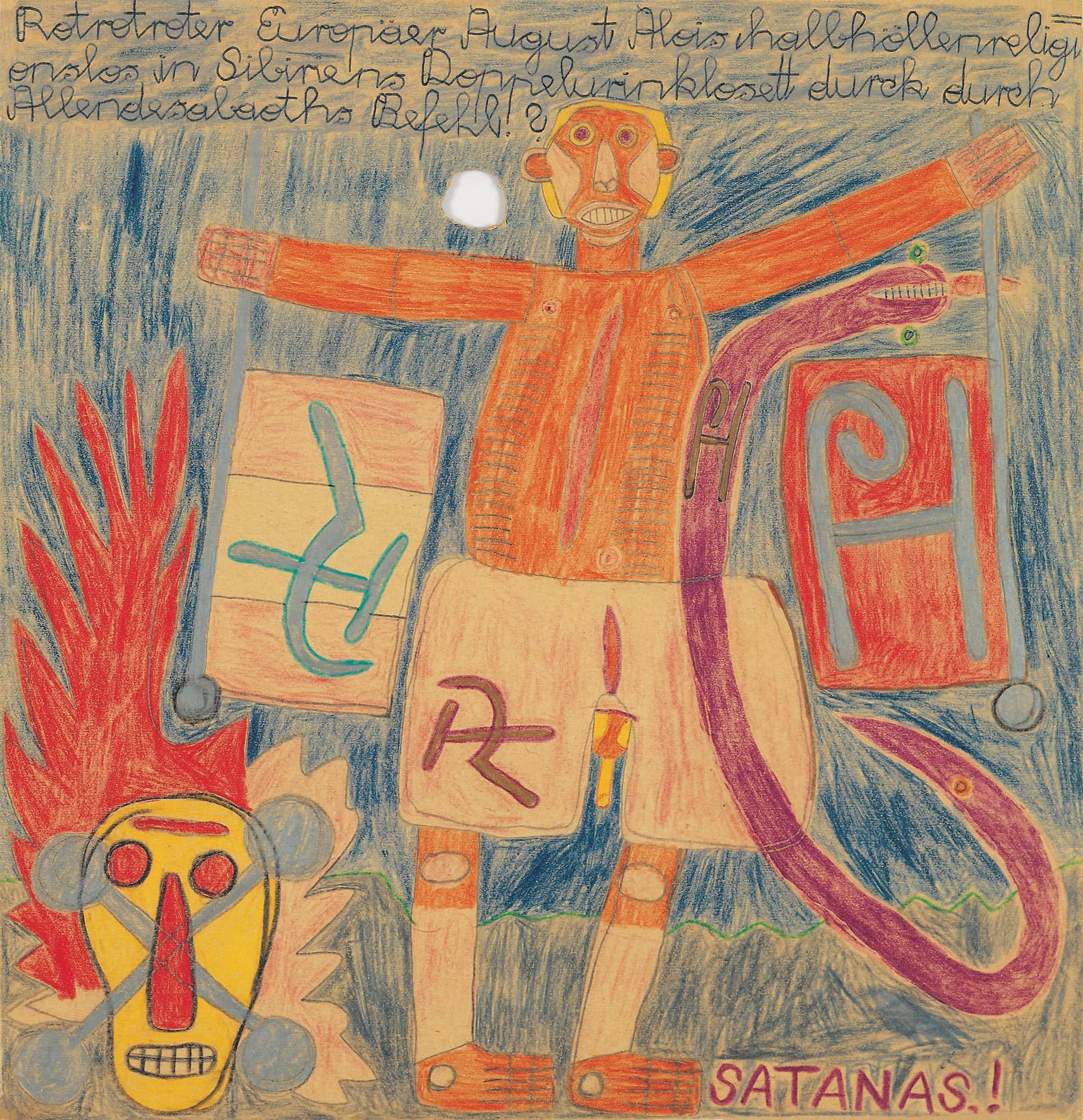 August Walla * 1936 in Klosterneuburg (AUT) † 2001 in Maria Gugging (AUT) Satanas.!, undated Mixed media on record cardboard 31 x 30 cm (Sammlung Zander | Naive Art)