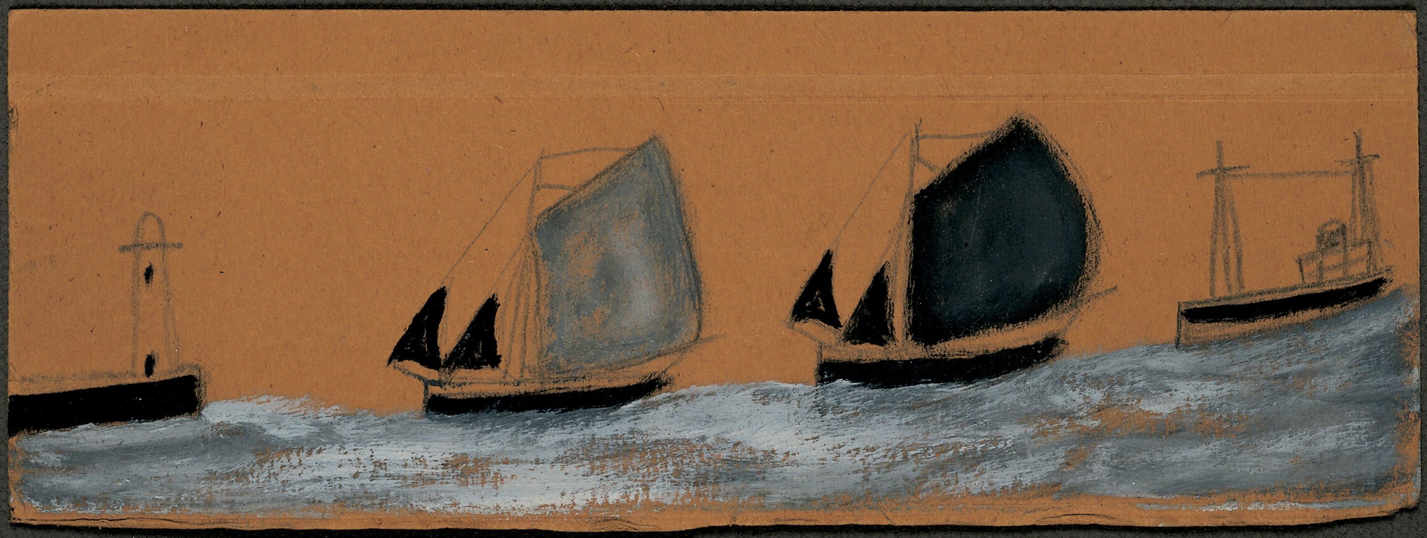 Alfred Wallis * 1855 in Devonport (GRB) † 1942 in Penzance (GRB) Fishing boats, undated mixed media on pasteboard 11 x 31 cm (Sammlung Zander | Naive Art)