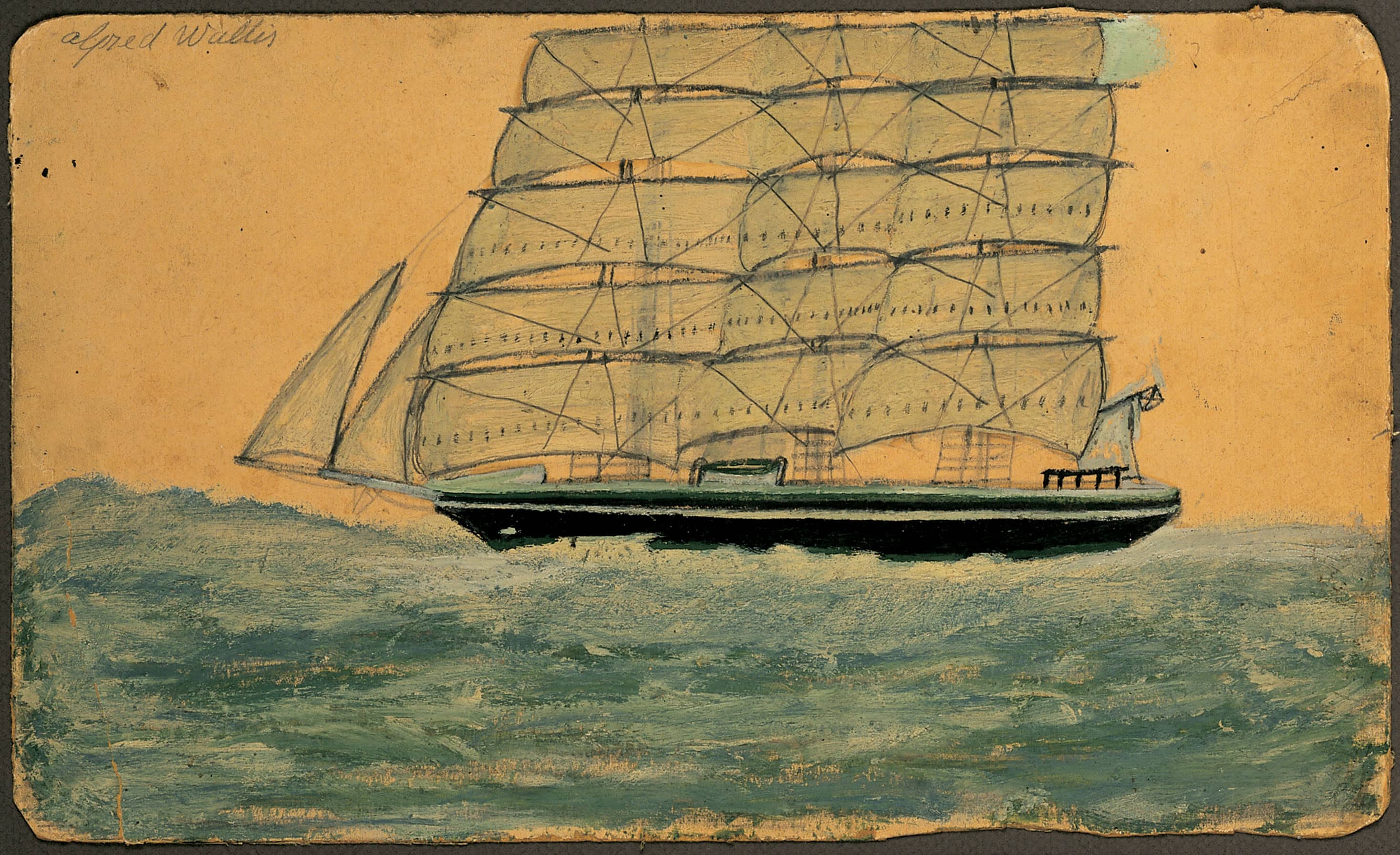 Alfred Wallis * 1855 in Devonport (GRB) † 1942 in Penzance (GRB) Boat with large sails, undated mixed media on pasteboard 21 x 34 cm (Sammlung Zander | Naive Art)