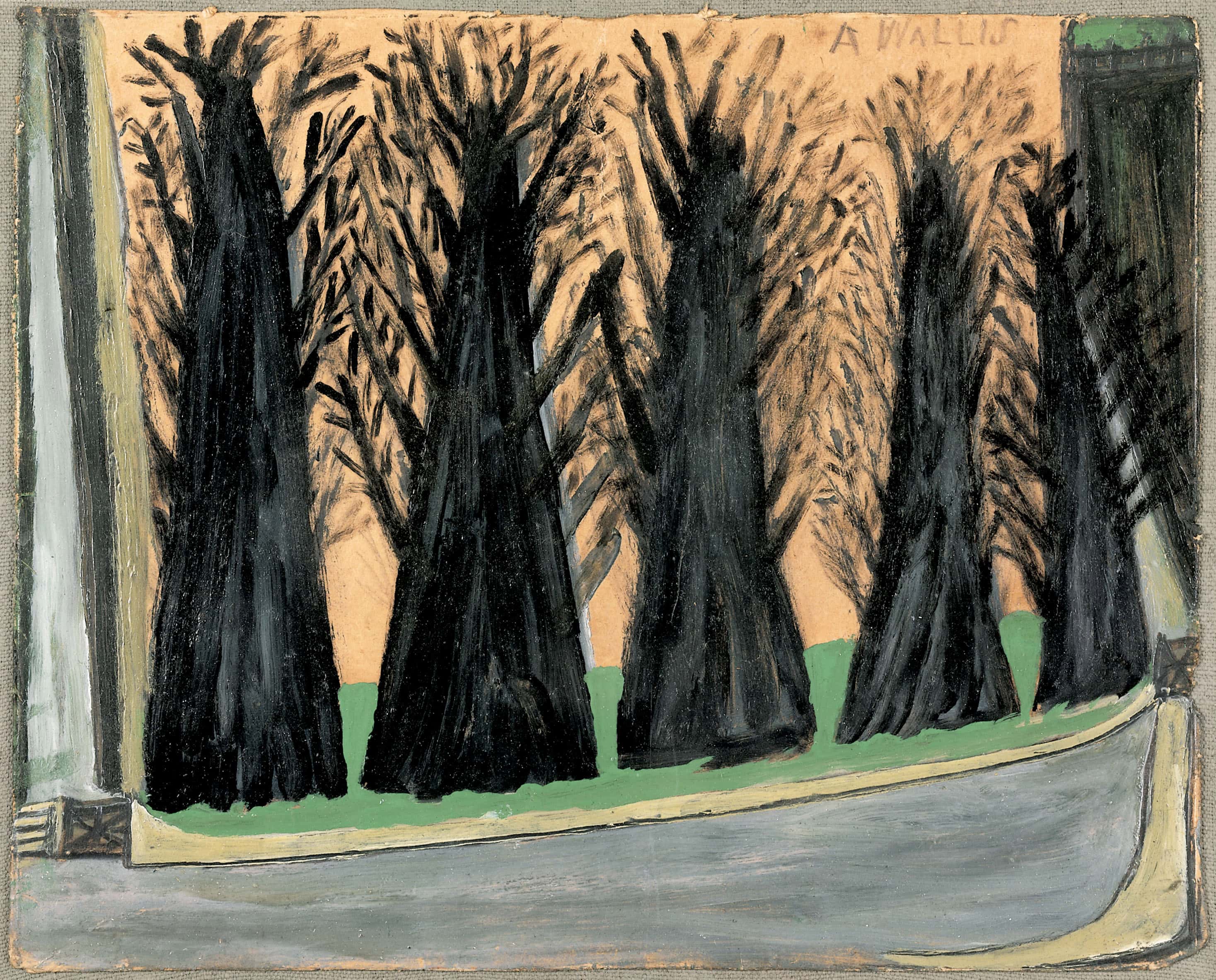 Alfred Wallis * 1855 in Devonport (GRB) † 1942 in Penzance (GRB) Five trees in a lane, undated mixed media on pasteboard 27 x 33 cm (Sammlung Zander | Naive Art)