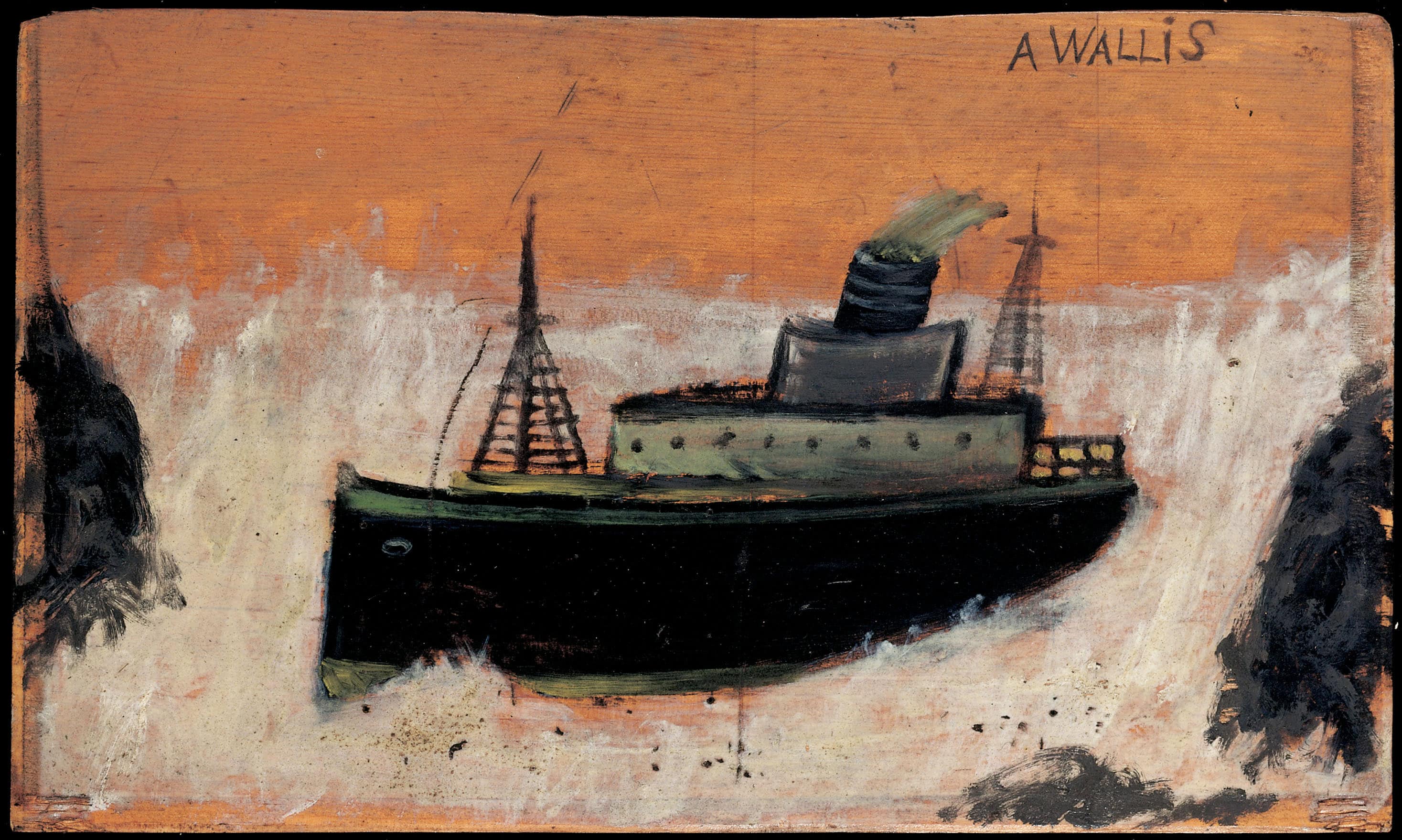 Alfred Wallis * 1855 in Devonport (GRB) † 1942 in Penzance (GRB) Marine, undated oil on wood 21.5 x 35.5 cm (Sammlung Zander | Naive Art)