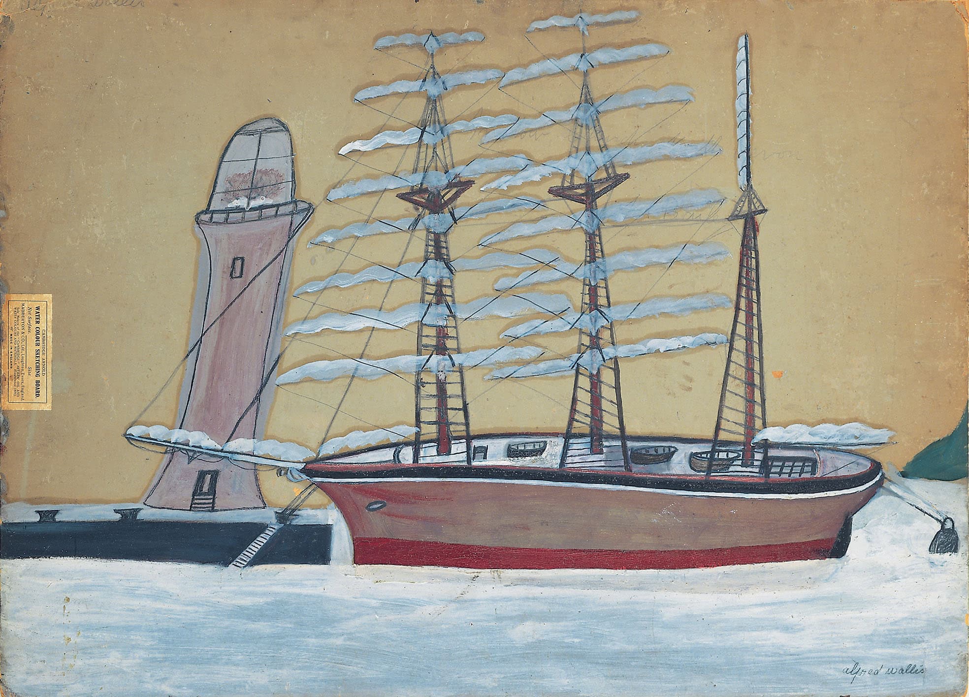 Alfred Wallis * 1855 in Devonport (GRB) † 1942 in Penzance (GRB) A Barque at its moorings, undated mixed media on masonite 53.5 x 76 cm (Sammlung Zander | Naive Art)