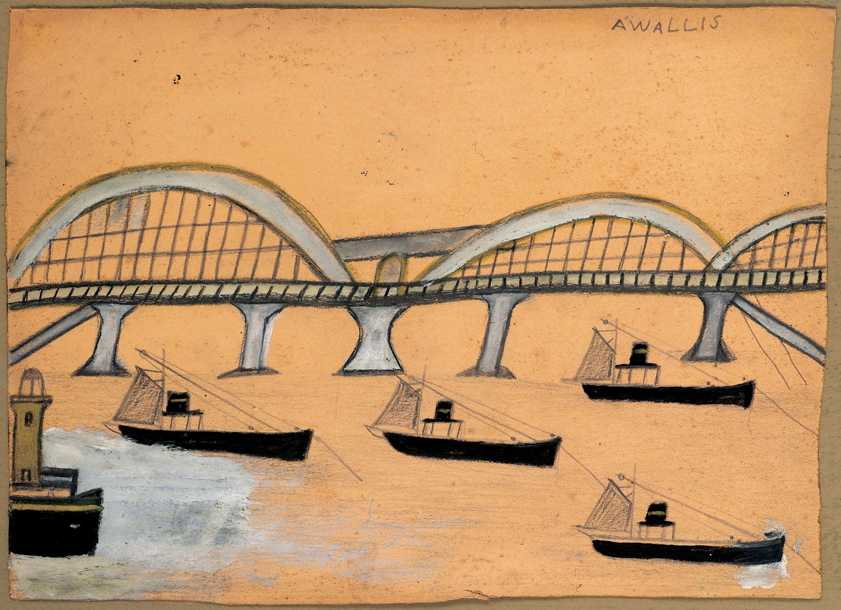 Alfred Wallis * 1855 in Devonport (GRB) † 1942 in Penzance (GRB) Saltash Bridge, undated mixed media on cardboard 28 x 38 cm (Sammlung Zander | Naive Art)