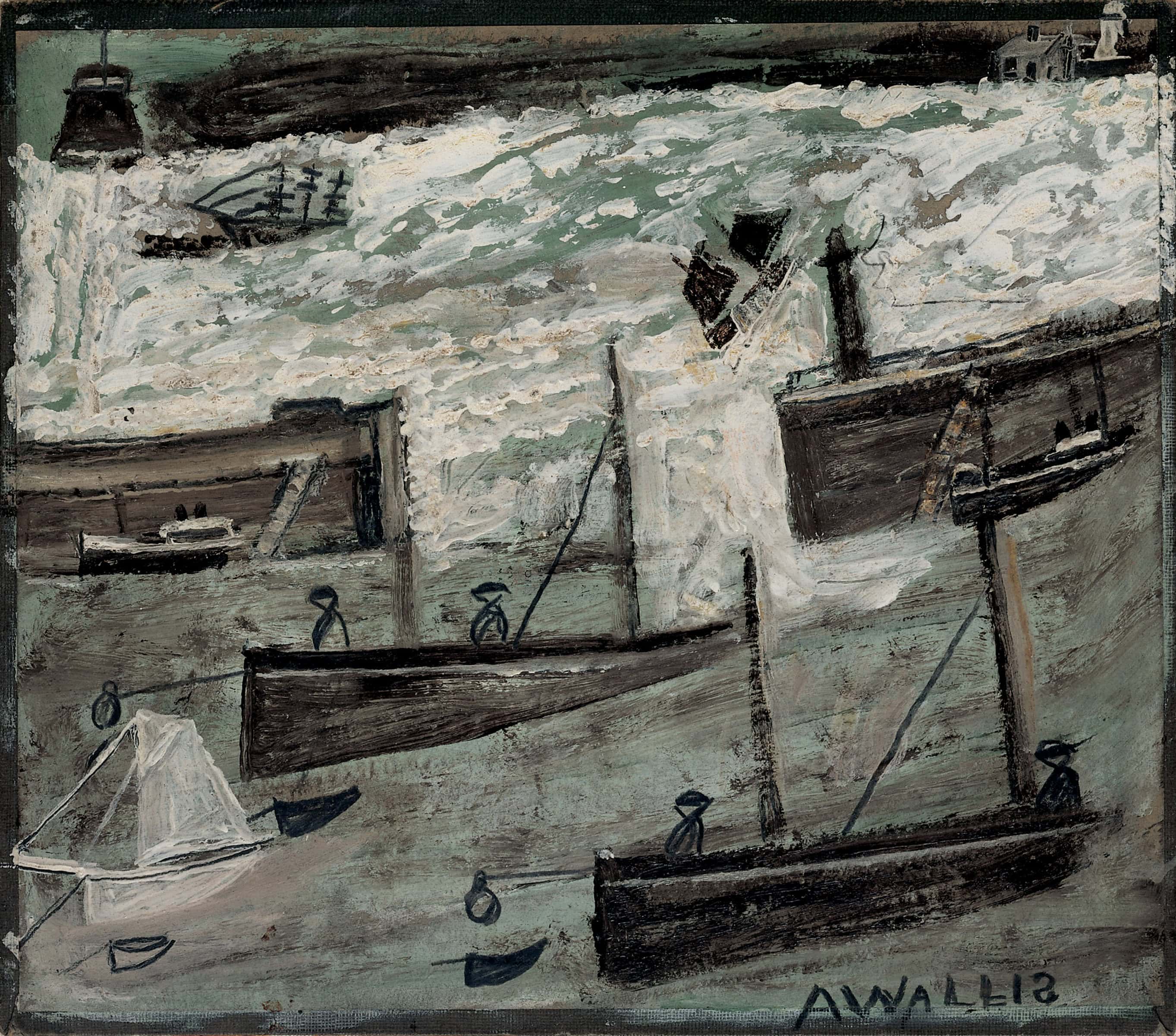 Alfred Wallis * 1855 in Devonport (GRB) † 1942 in Penzance (GRB) Penzance Harboour, o. J. Öl auf Buchdeckel 23 x 26 cm (Sammlung Zander | Naive Kunst)