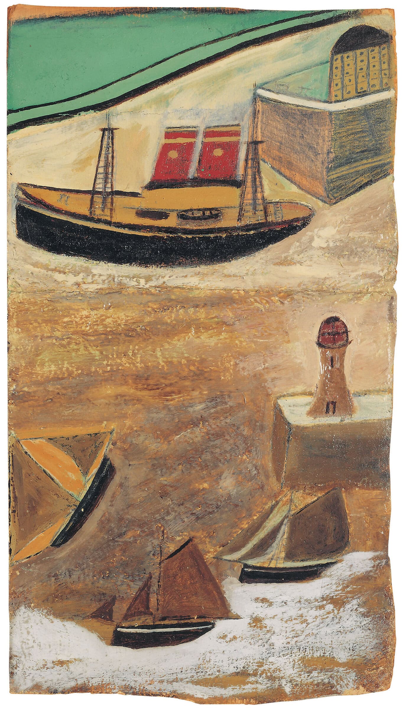 Alfred Wallis * 1855 in Devonport (GRB) † 1942 in Penzance (GRB) Boats and lighthouse, undated oil on pasteboard 47 x 26 cm (Sammlung Zander | Naive Art)