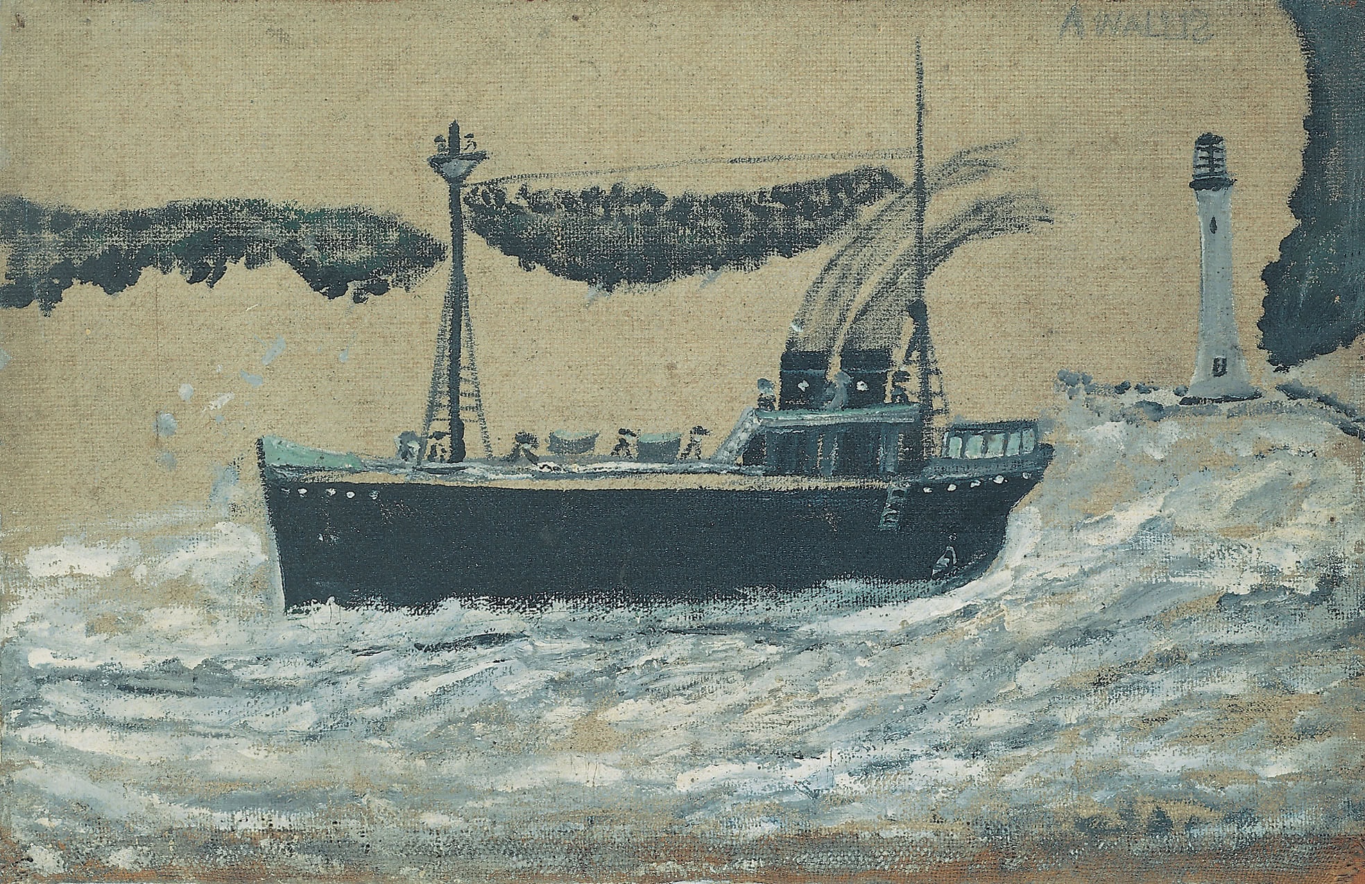 Alfred Wallis * 1855 in Devonport (GRB) † 1942 in Penzance (GRB) Two funneled ship and lighthouse, undated oil on canvas 45 x 68 cm (Sammlung Zander | Naive Art)