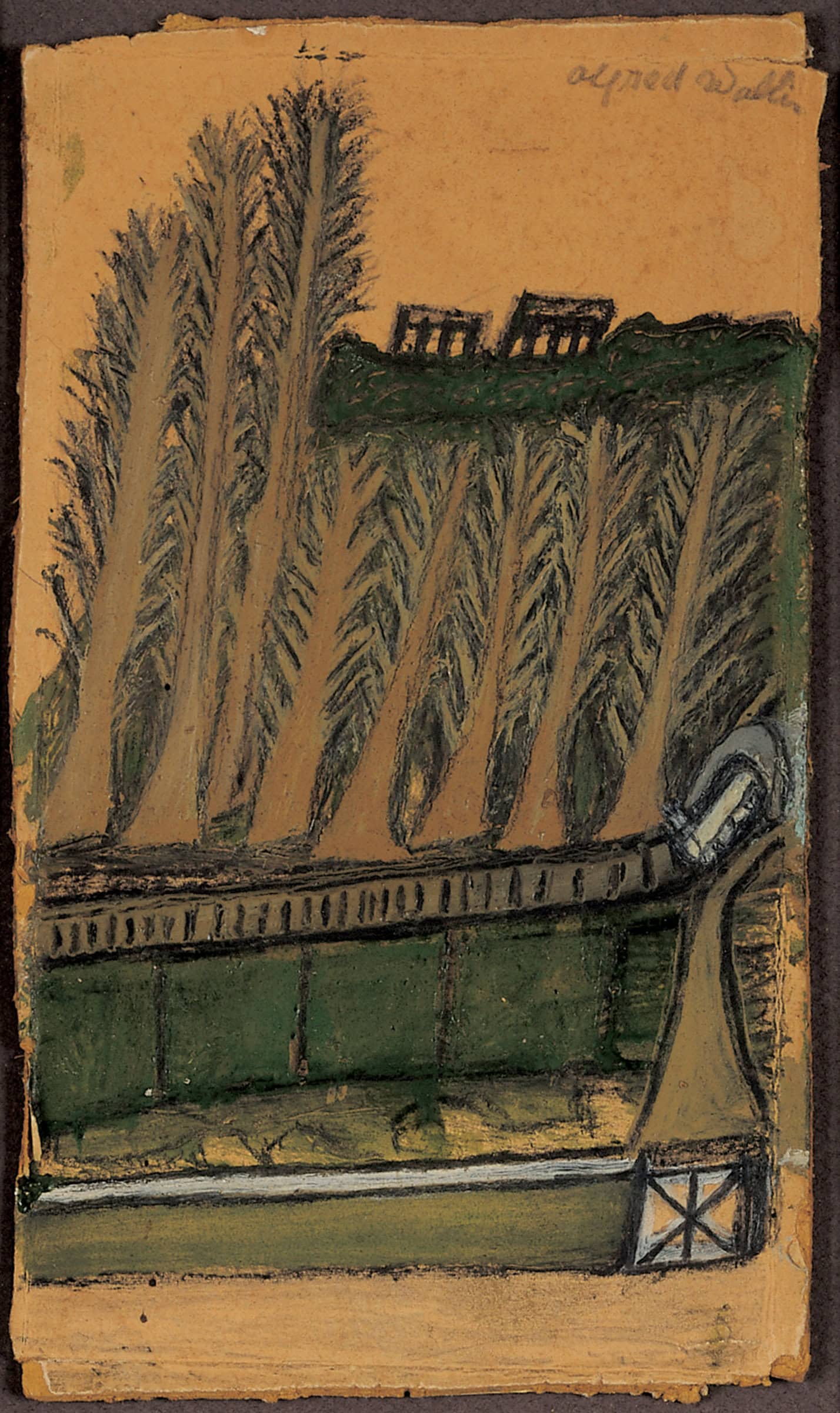 Alfred Wallis * 1855 in Devonport (GRB) † 1942 in Penzance (GRB) Train, track and trees, undated mixed media on pasteboard 19.5 x 10.5 cm (Sammlung Zander | Naive Art)