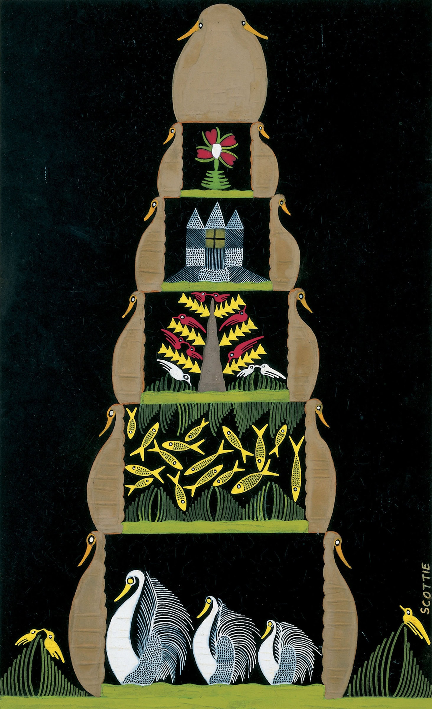 Scottie Wilson * 1891 in Glasgow (GRB) † 1972 in London (GRB) Pyramid of ducks, 1967 Gouache on cardboard 49 x 29 cm (Sammlung Zander | Naive Art)