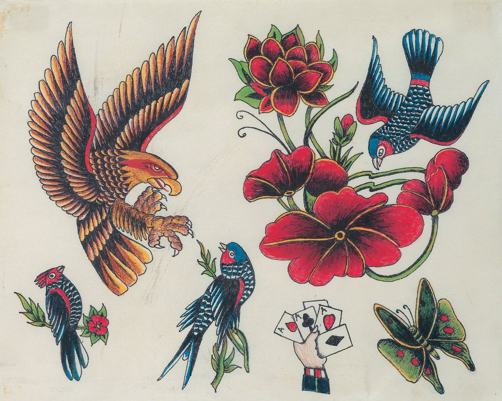 Rosie Camanga * 1910 (PHL) – † ? Bluebird, flower (Tattoo), 1990 Tusche auf Papier 27,5 x 34,5 cm (Sammlung Zander | Naive Kunst)