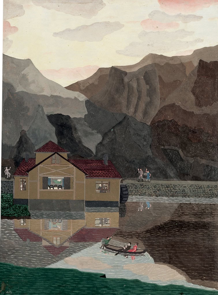 Louis Auguste Déchelette * 1894 in Cours-la-Ville (FRA) † 1964 in Paris (FRA) Dans les montagnes, o. J. Öl auf Hartfaserplatte 61 x 46 cm (Sammlung Zander | Naive Kunst)