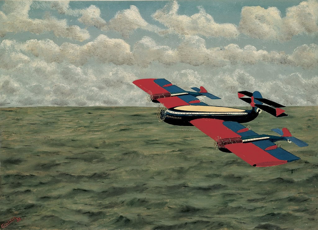 Louis Auguste Déchelette * 1894 in Cours-la-Ville (FRA) † 1964 in Paris (FRA) L’avion Démocratie – peut se faire en biplan, 1938 Öl auf Holz 46 x 63 cm (Sammlung Zander | Naive Kunst)