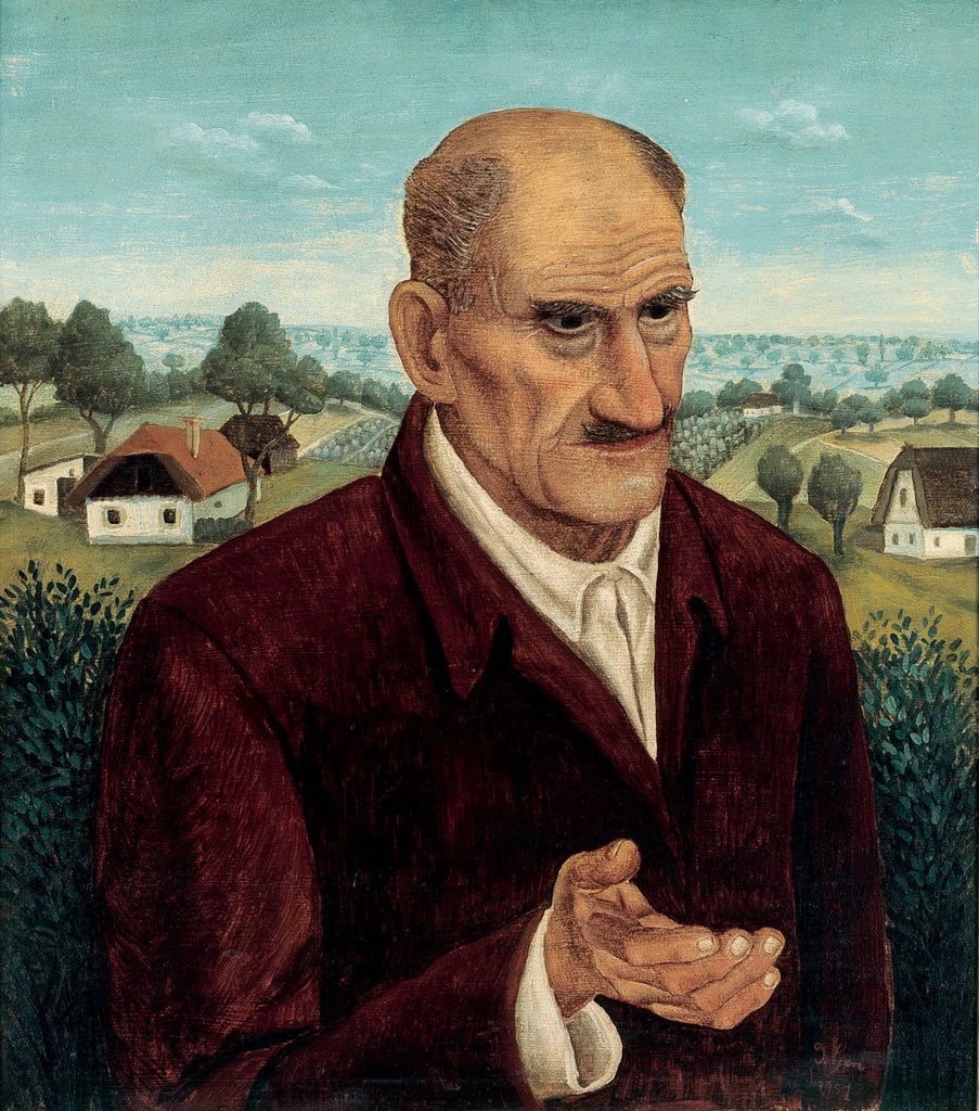 Ivan Generalić * 1914 in Hlebine (HRV) † 1992 in Koprivnica (HRV) Portrait of my father, 1951 oil on masonite 52 x 46 cm (Sammlung Zander | Naive Art)