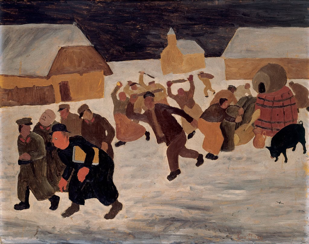 Ivan Generalić * 1914 in Hlebine (HRV) † 1992 in Koprivnica (HRV) Expulsion from the village (The Đelekovec Rebellion), 1936 oil on pasteboard 52 x 64.5 cm (Sammlung Zander | Naive Art)