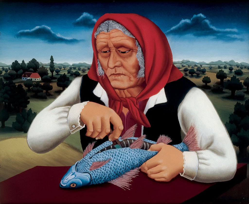 Ivan Generalić * 1914 in Hlebine (HRV) † 1992 in Koprivnica (HRV) Old woman scales fish, 1962 oil on glass 49 x 59 cm (Sammlung Zander | Naive Art)