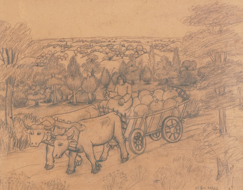 Ivan Generalić * 1914 in Hlebine (HRV) † 1992 in Koprivnica (HRV) Pumpkin car, 1966 pencil on paper 49.5 x 64 cm (Sammlung Zander | Naive Art)