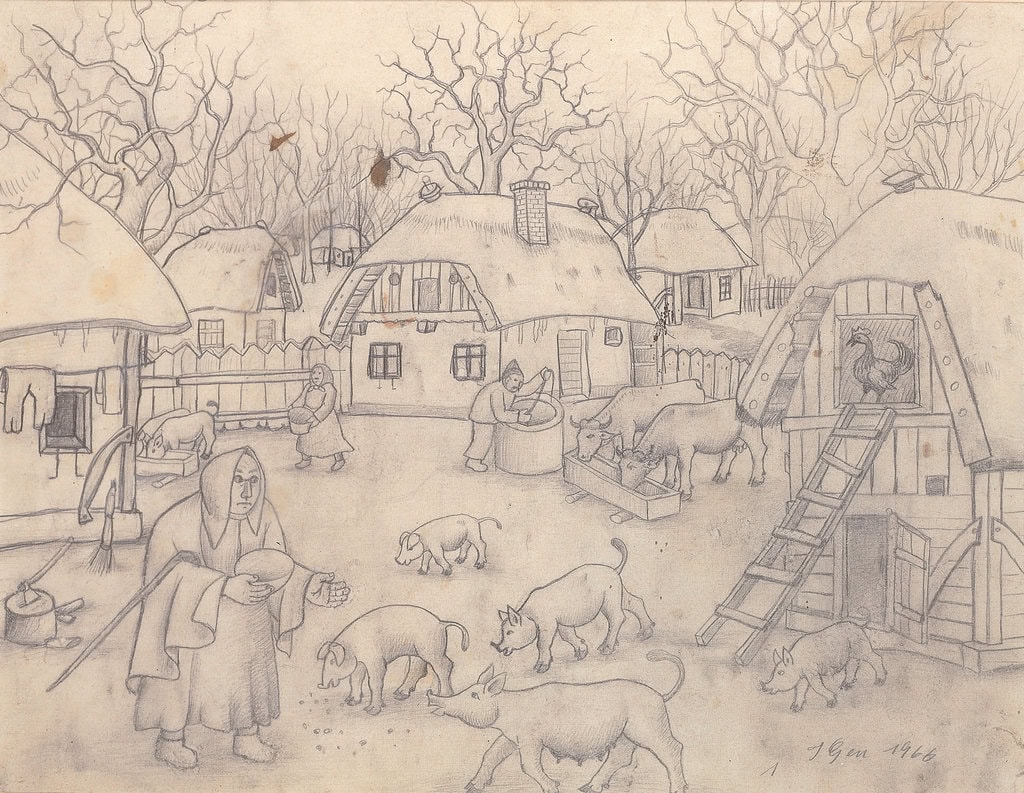 Ivan Generalić * 1914 in Hlebine (HRV) † 1992 in Koprivnica (HRV) Winter morning, 1966 pencil on paper 44 x 57 cm (Sammlung Zander | Naive Art)