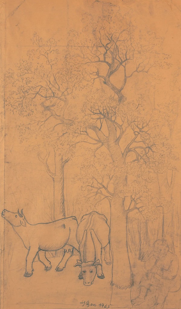 Ivan Generalić * 1914 in Hlebine (HRV) † 1992 in Koprivnica (HRV) Two cows, 1965 pencil on paper 70 x 41 cm (Sammlung Zander | Naive Art)