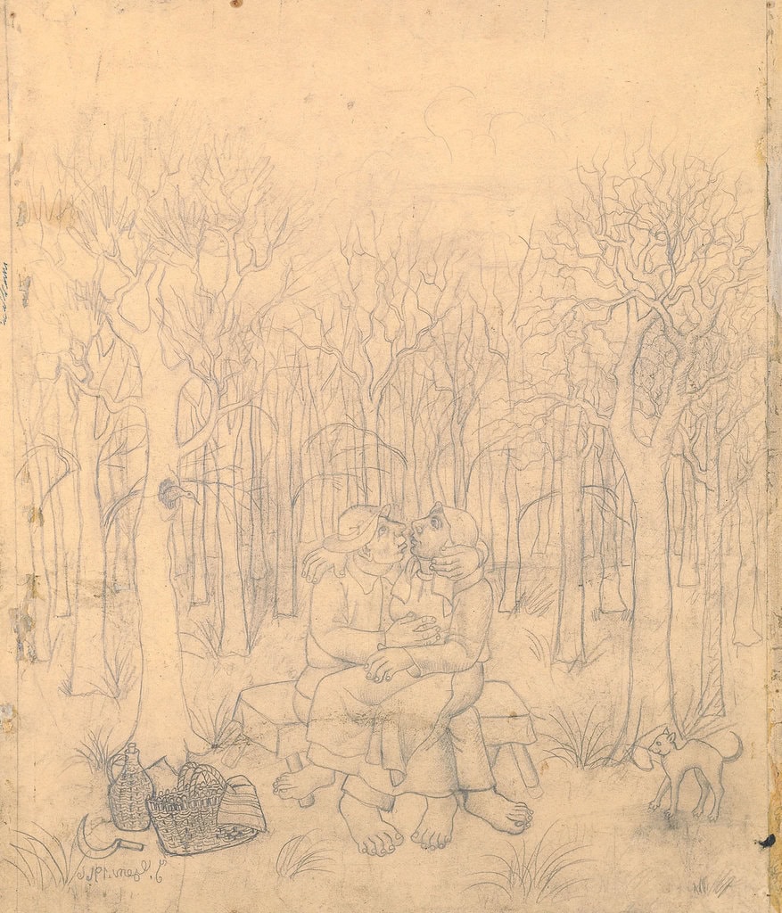 Ivan Generalić * 1914 in Hlebine (HRV) † 1992 in Koprivnica (HRV) Love in the forest – Arbeitszeichnung, 1966 pencil on paper 80 x 68 cm (Sammlung Zander | Naive Art)