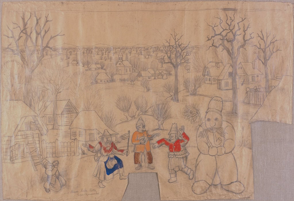 Ivan Generalić * 1914 in Hlebine (HRV) † 1992 in Koprivnica (HRV) The snowman, 1966 mixed media on paper 93 x 136 cm (Sammlung Zander | Naive Art)