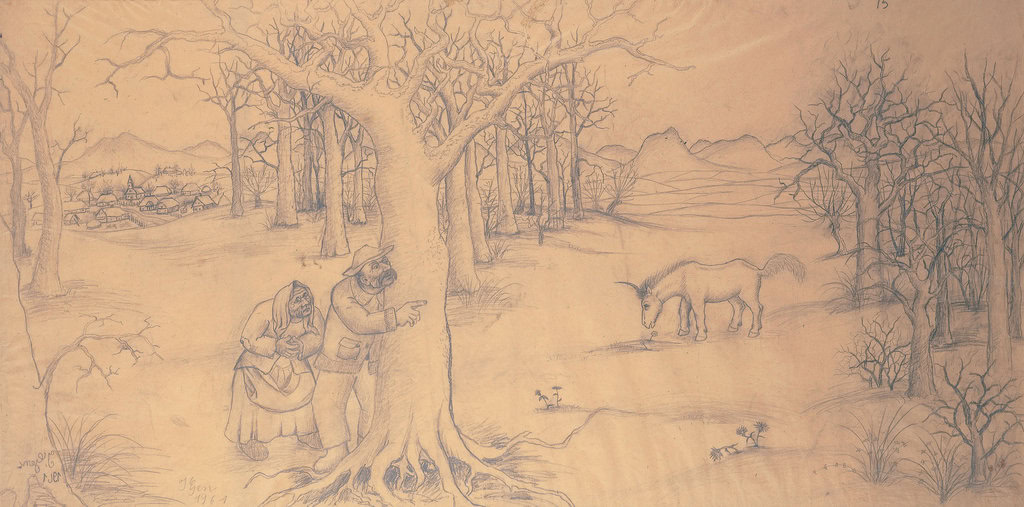 Ivan Generalić * 1914 in Hlebine (HRV) † 1992 in Koprivnica (HRV) Unicorn, 1961 pencil on paper 74 x 143 cm (Sammlung Zander | Naive Art)