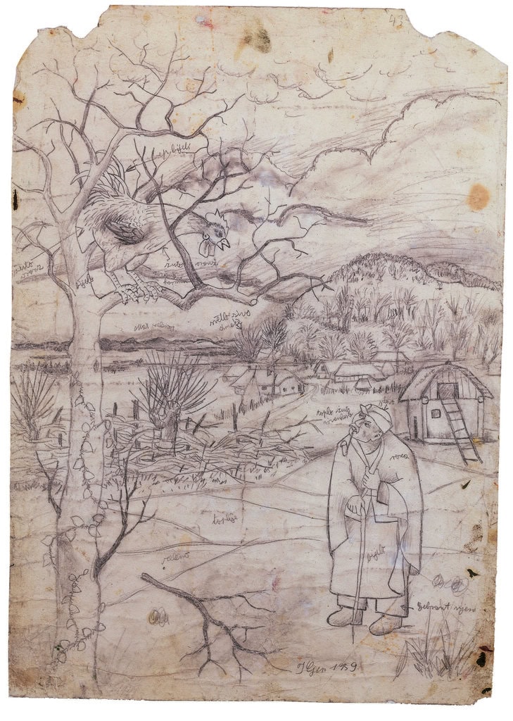 Ivan Generalić * 1914 in Hlebine (HRV) † 1992 in Koprivnica (HRV) Farmer and rooster, 1959 pencil on paper 59 x 42 cm (Sammlung Zander | Naive Art)