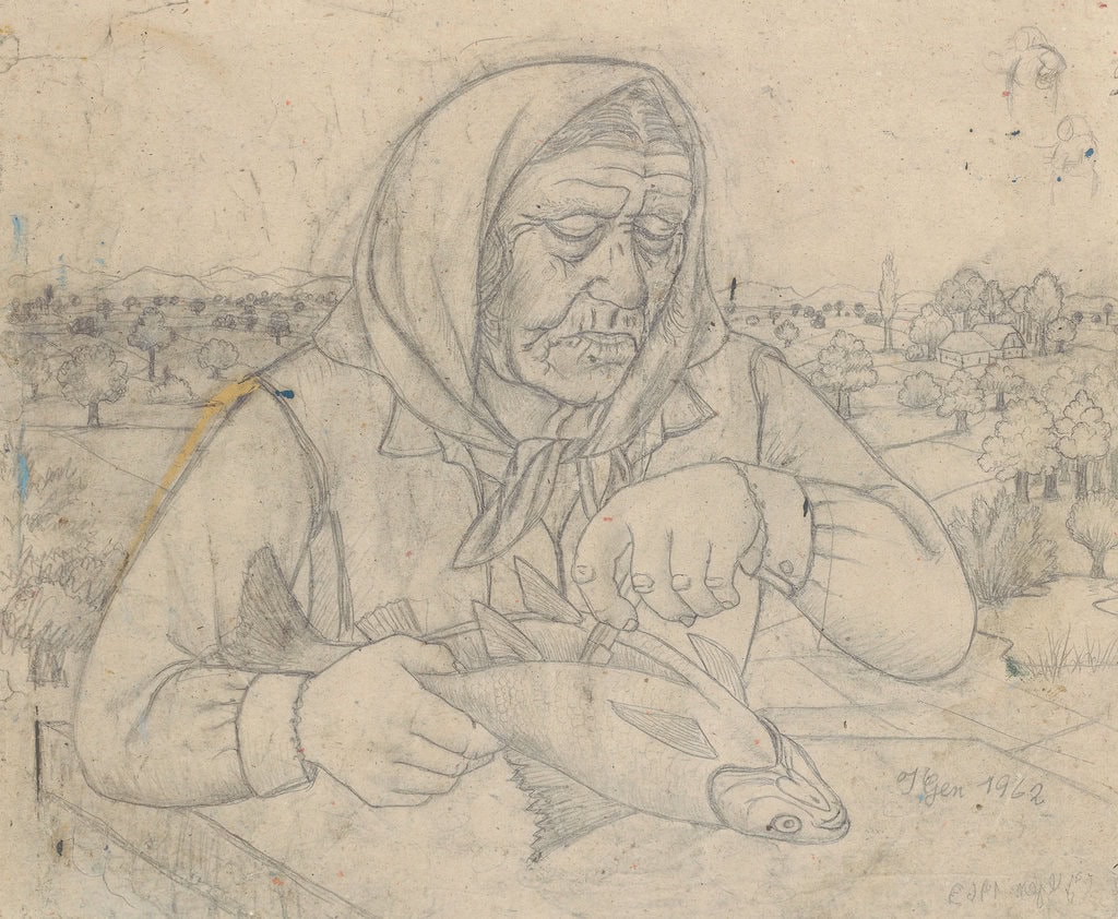 Ivan Generalić * 1914 in Hlebine (HRV) † 1992 in Koprivnica (HRV) Old woman scales fish, 1962 pencil on paper 49 x 58 cm (Sammlung Zander | Naive Art)