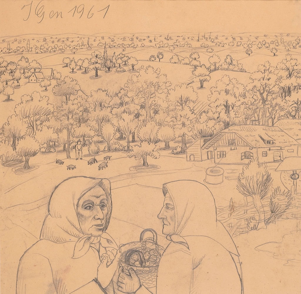 Ivan Generalić * 1914 in Hlebine (HRV) † 1992 in Koprivnica (HRV) Two peasant women, 1961 pencil on paper 40 x 41 cm (Sammlung Zander | Naive Art)