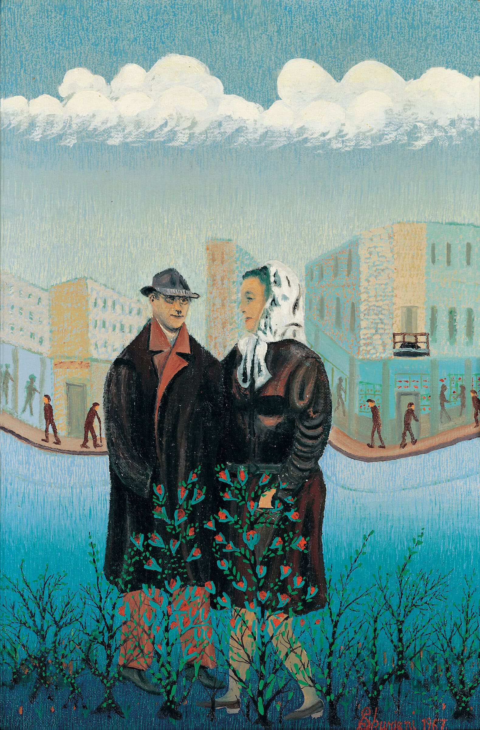 Matija Skurjeni * 1898 in Veternica (HRV) † 1990 in Zaprešić (HRV) Frau Zander und Skurjeni in Heidelberg, 1967 Öl auf Leinwand 41 x 27 cm (Sammlung Zander | Naive Kunst)