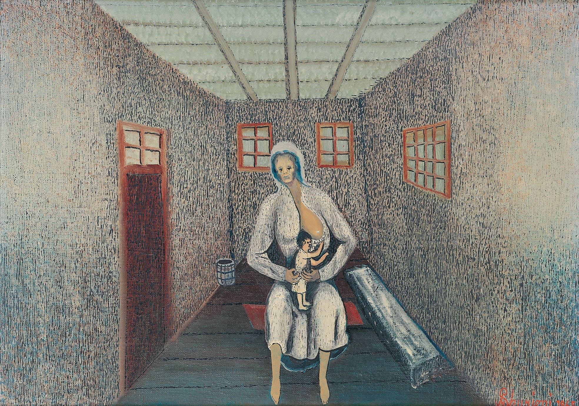 Matija Skurjeni * 1898 in Veternica (HRV) † 1990 in Zaprešić (HRV) Gefangene Mutter mit Kind, 1965 Öl auf Leinwand 33 x 46 cm (Sammlung Zander | Naive Kunst)