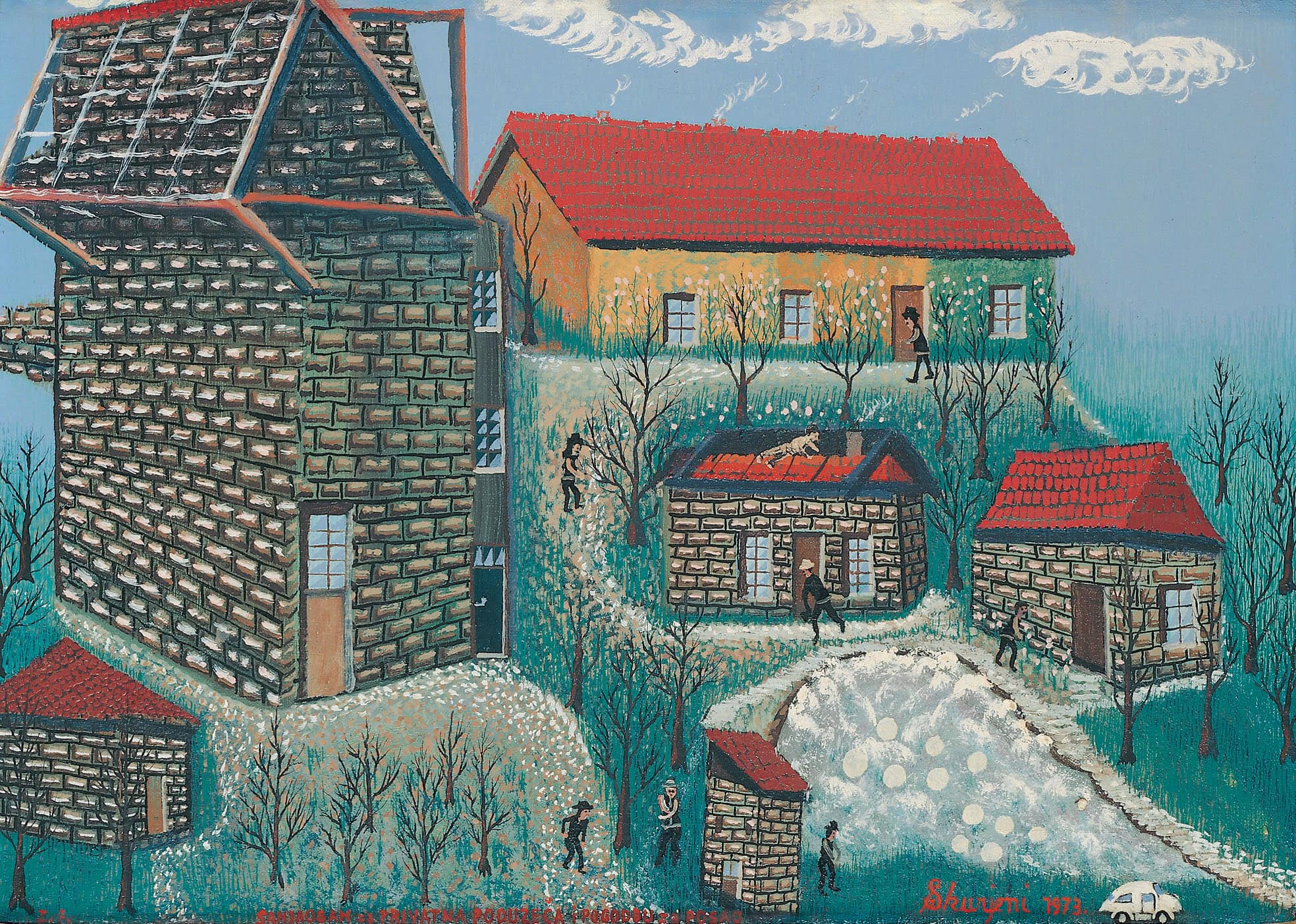 Matija Skurjeni * 1898 in Veternica (HRV) † 1990 in Zaprešić (HRV) Ich träumte von Privatfirmen und einem Arbeitsvertrag, 1973 Öl auf Leinwand 33 x 46 cm (Sammlung Zander | Naive Kunst)