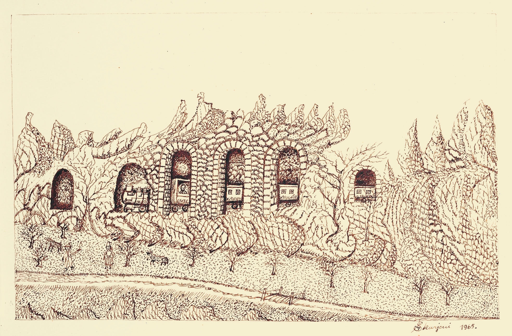 Matija Skurjeni * 1898 in Veternica (HRV) † 1990 in Zaprešić (HRV) Skurjeni im Zug nach Heidelberg, 1965 Sepia auf Papier 26,5 x 38,5 cm (Sammlung Zander | Naive Kunst)