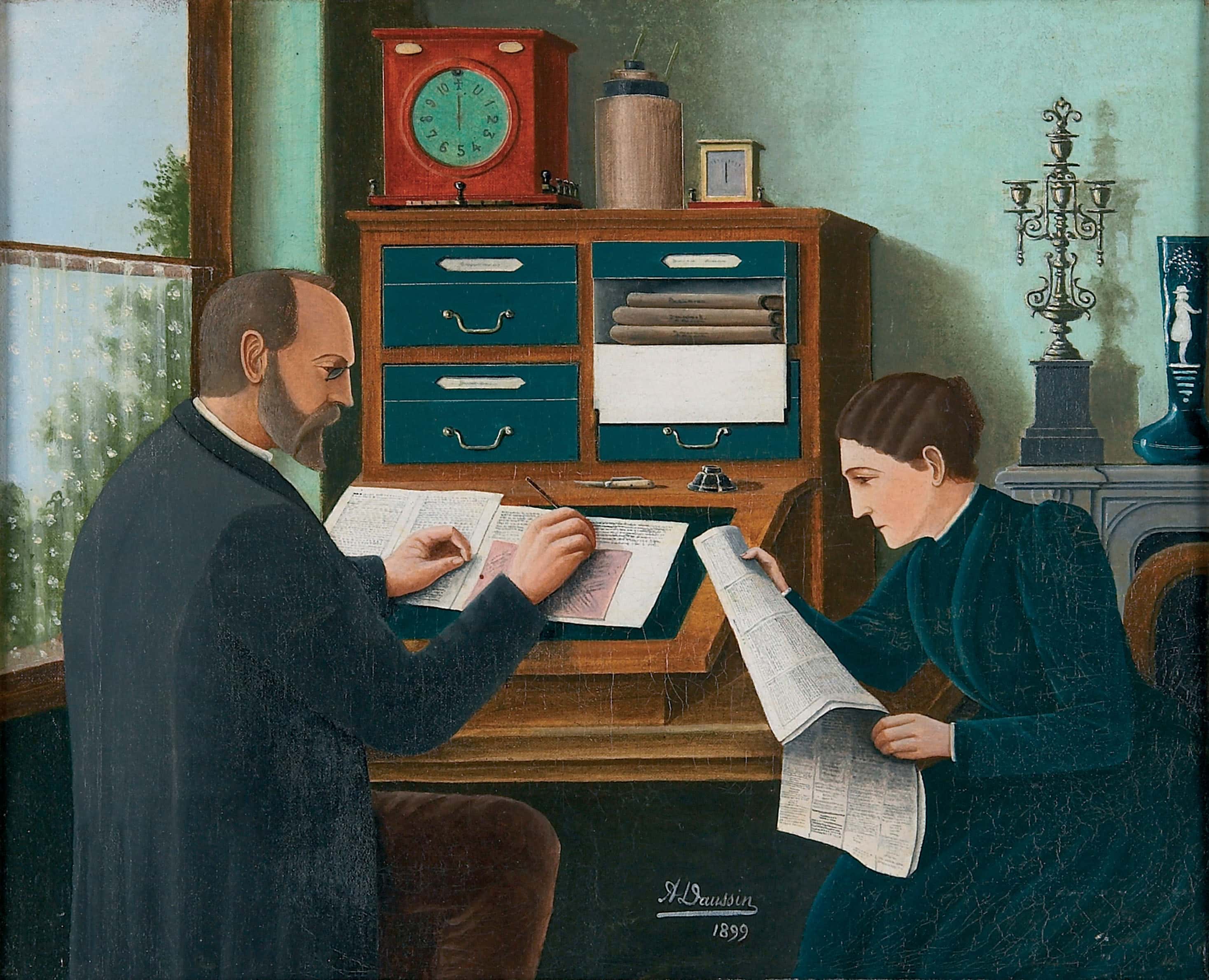 A. Daussin Interieur mit lesender Frau, 1899 Öl auf Leinwand 28 x 35 cm (Sammlung Zander | Naive Kunst)