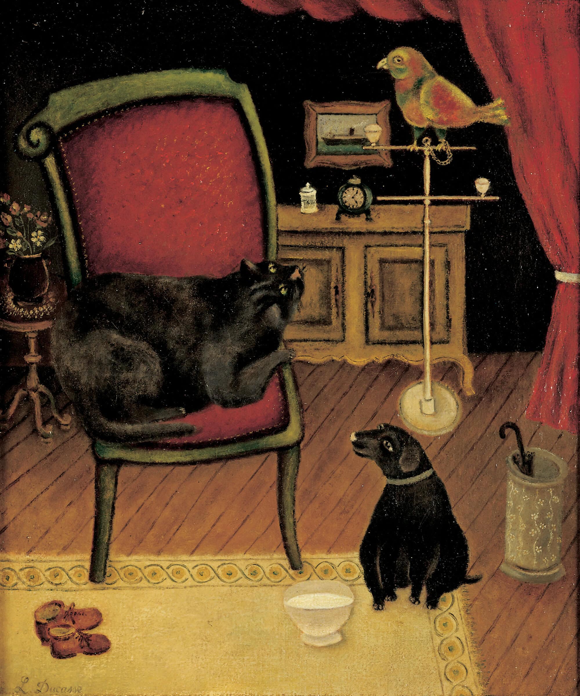 Louis Ducasse * 1881 in Flers-en-Escrebieux (FRA) † 1939 in Frankreich (FRA) Interieur avec chat, chien et Perroquet, o. J. Öl auf Leinwand 55 x 46 cm (Sammlung Zander | Naive Kunst)