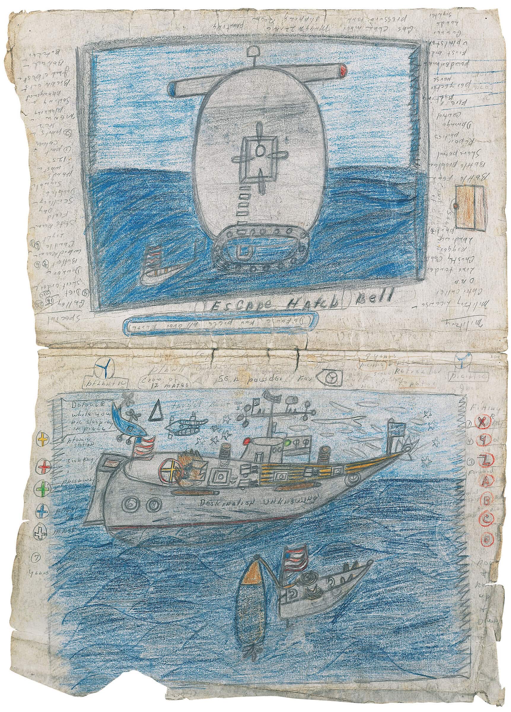 Curtis Lee Fairley * 1927 – † 2021 in Washington, DC (USA) Submarine plus escape hatch bell, o. J. Mischtechnik auf Papier 51 x 35,5 cm (Sammlung Zander | Naive Kunst)