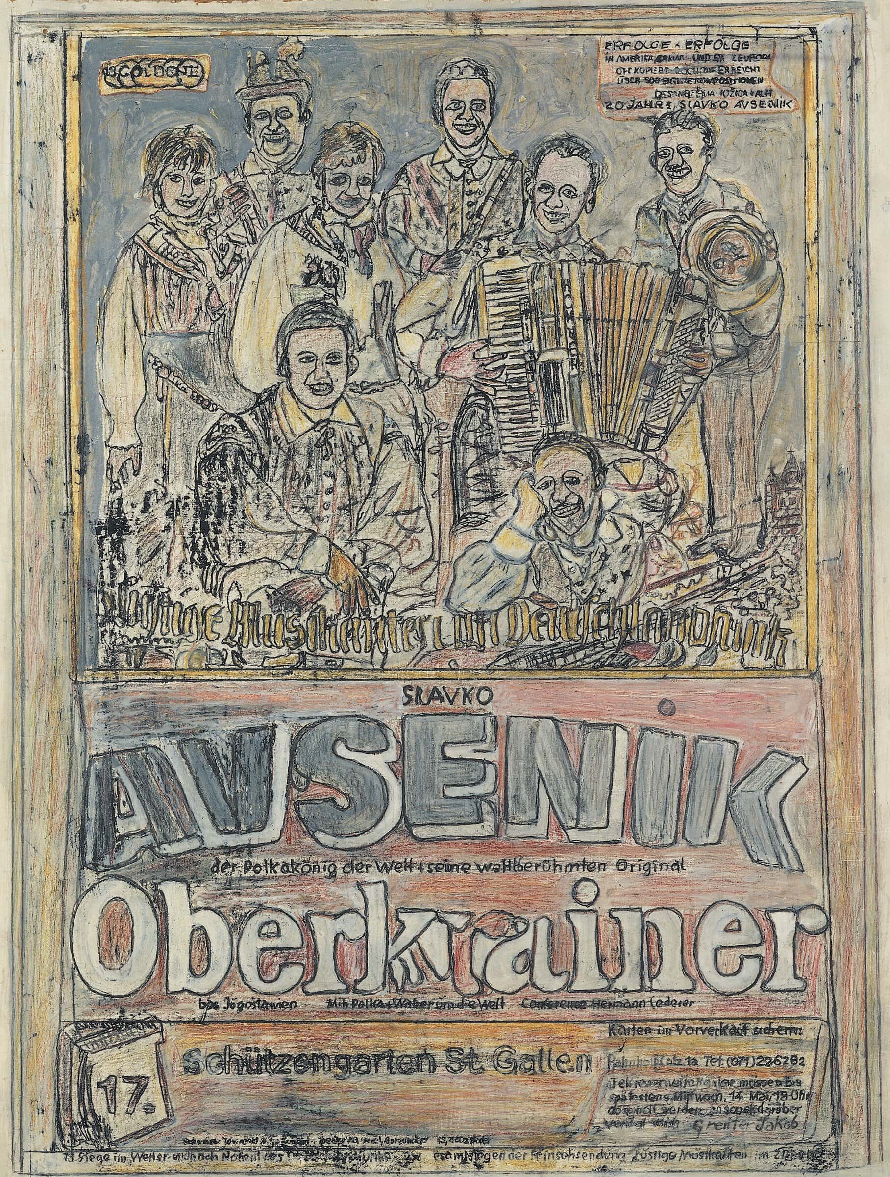 Jacob Greuter * 1890 Riedt (CHE) † 1984 St. Gallen (CHE) Avsenik Oberkrainer, undated mixed media on paper 61 x 49 cm (Sammlung Zander | Naive Art)