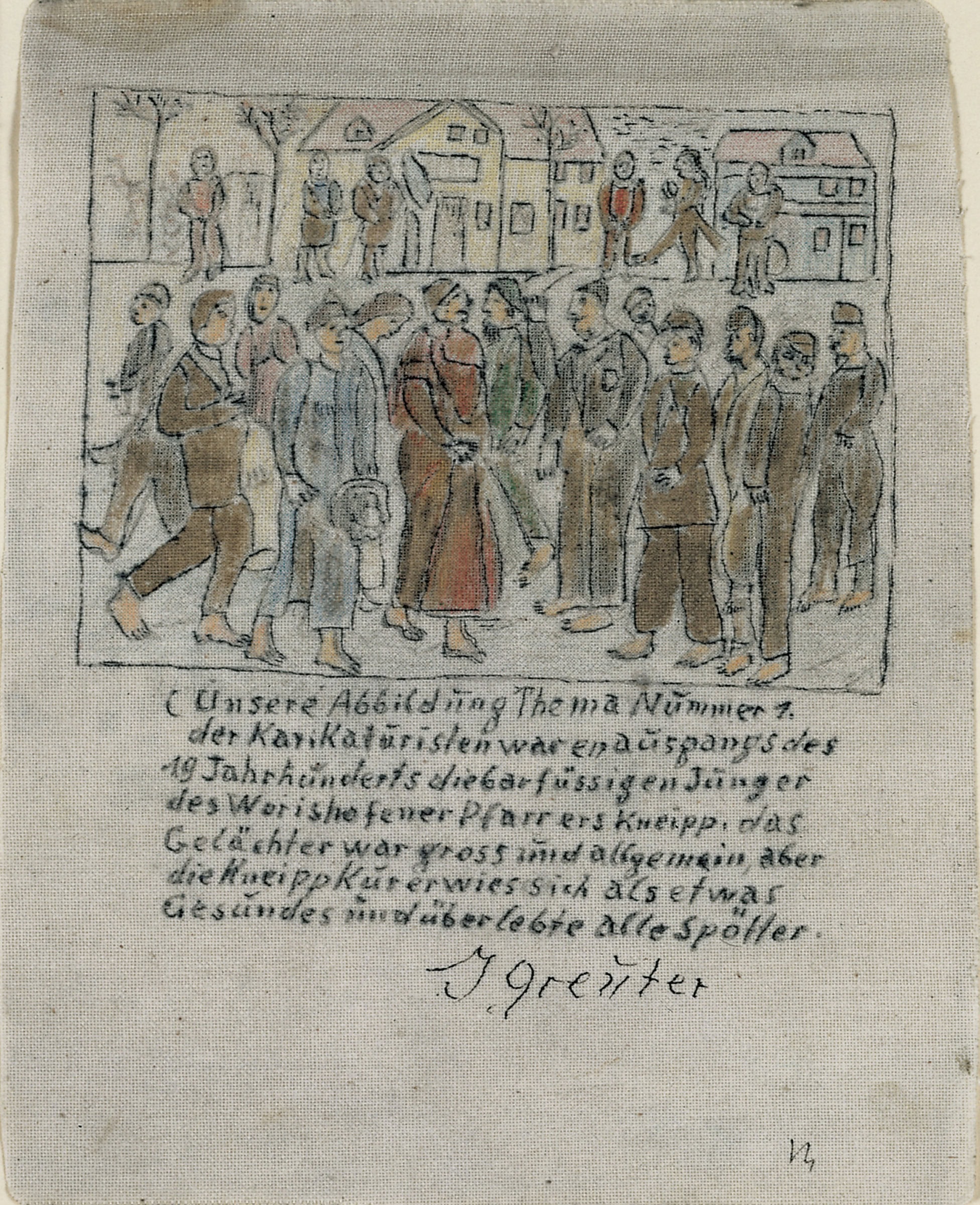 Jacob Greuter * 1890 Riedt (CHE) † 1984 St. Gallen (CHE) Barfüssige Jünger Kneipps, o. J. Mischtechnik auf Stoff 26.5 x 21 cm (Sammlung Zander | Naive Kunst)