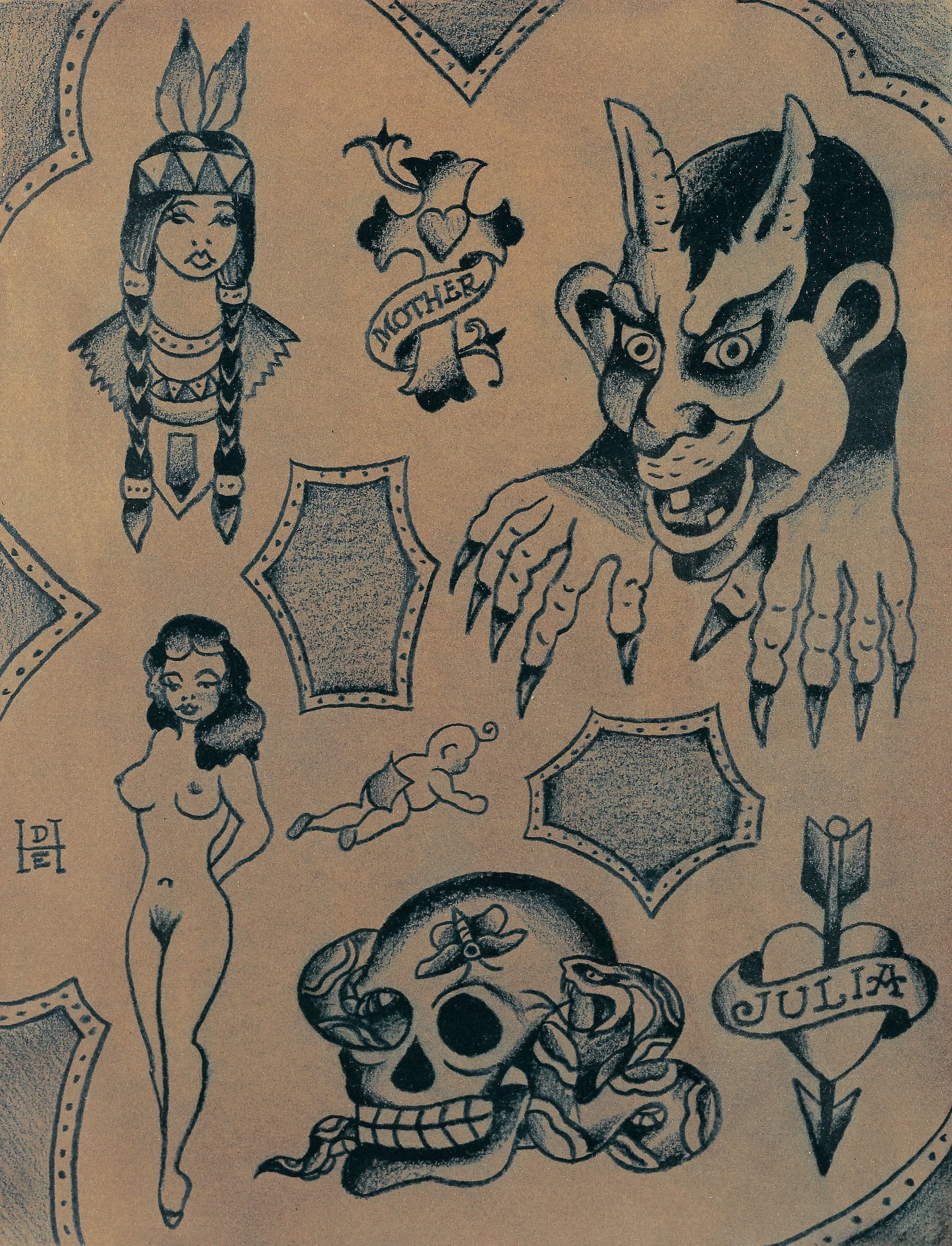 Don Ed Hardy * 1945 in Des Moines, IA (USA) Julia & the Devil (Tattoo), 1994 pencil on paper 32.5 x 25 cm (Sammlung Zander | Naive Art)