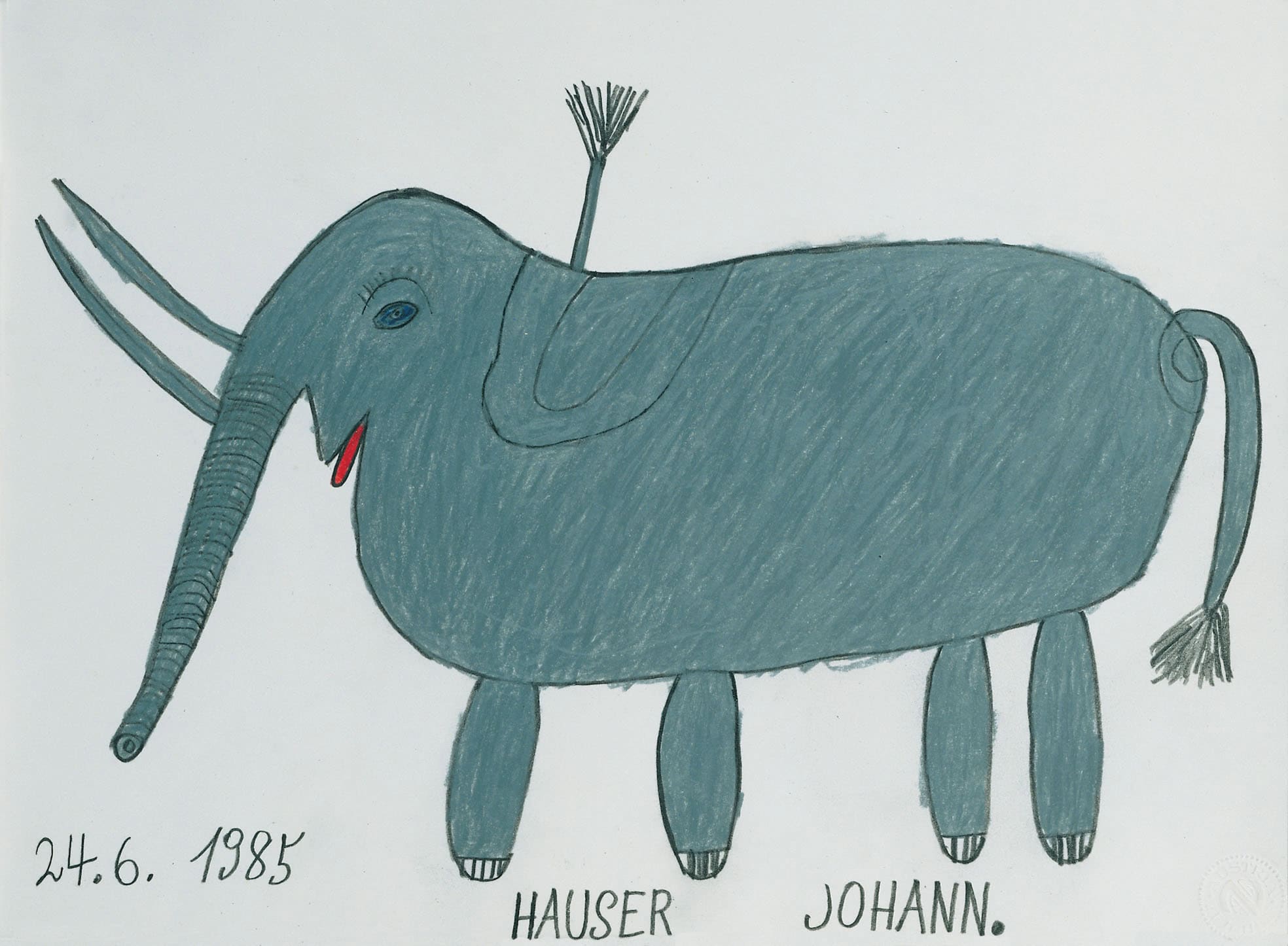 Johann Hauser * 1926 in Bratislava (SVK) † 1996 in Klosterneuburg (AUT) Elefant, 24.6.1985 Bleistift, Farbstift, Wachskreide auf Papier 30 x 40 cm (Sammlung Zander | Naive Kunst)