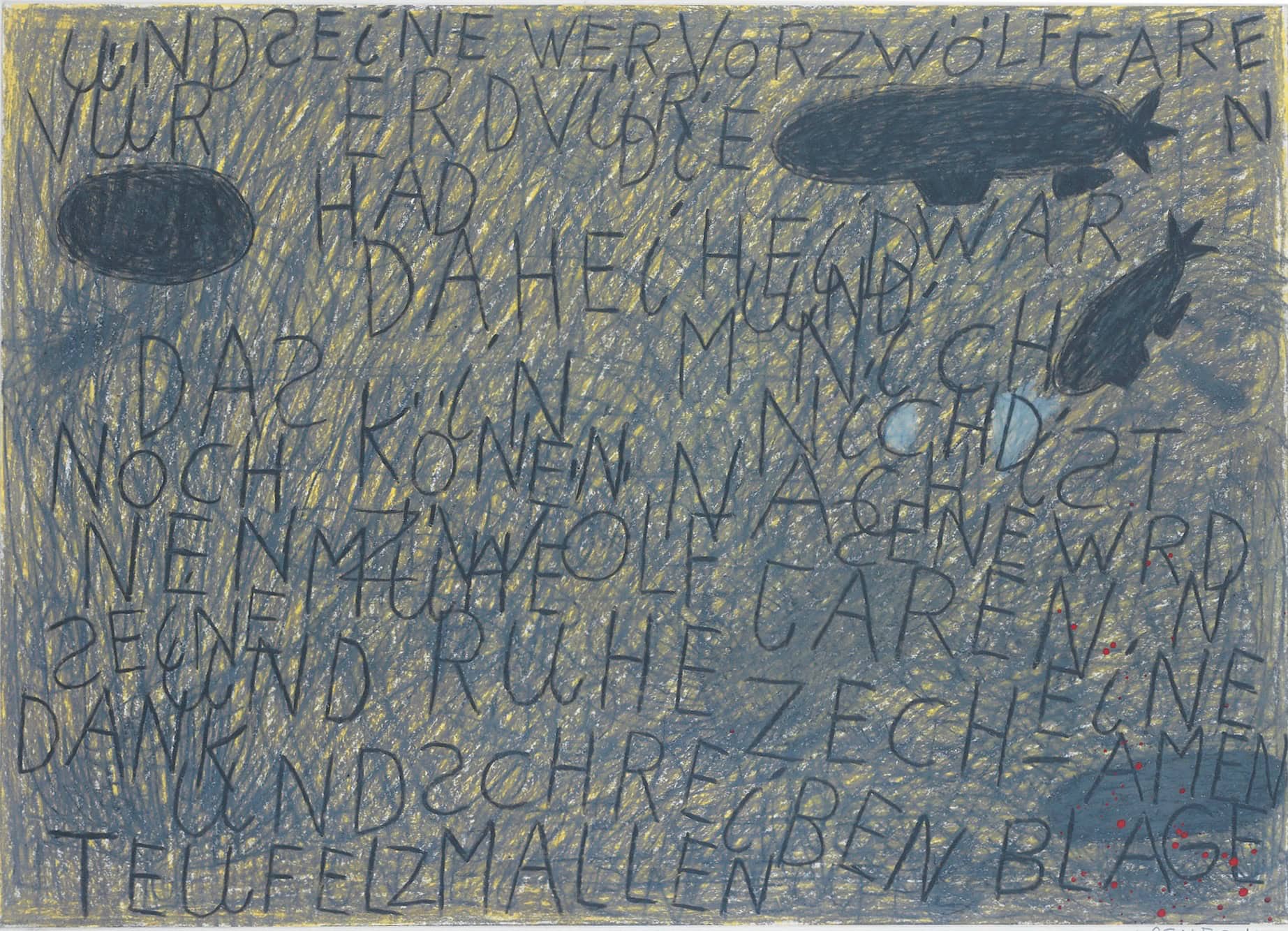 WOLFGANG HUEBER * 1950 – † 2008 ZWEI ZEPPELINE, 1987 ÖLKREIDE AUF PAPIER 50 X 70 CM (Sammlung Zander | Naive Kunst)