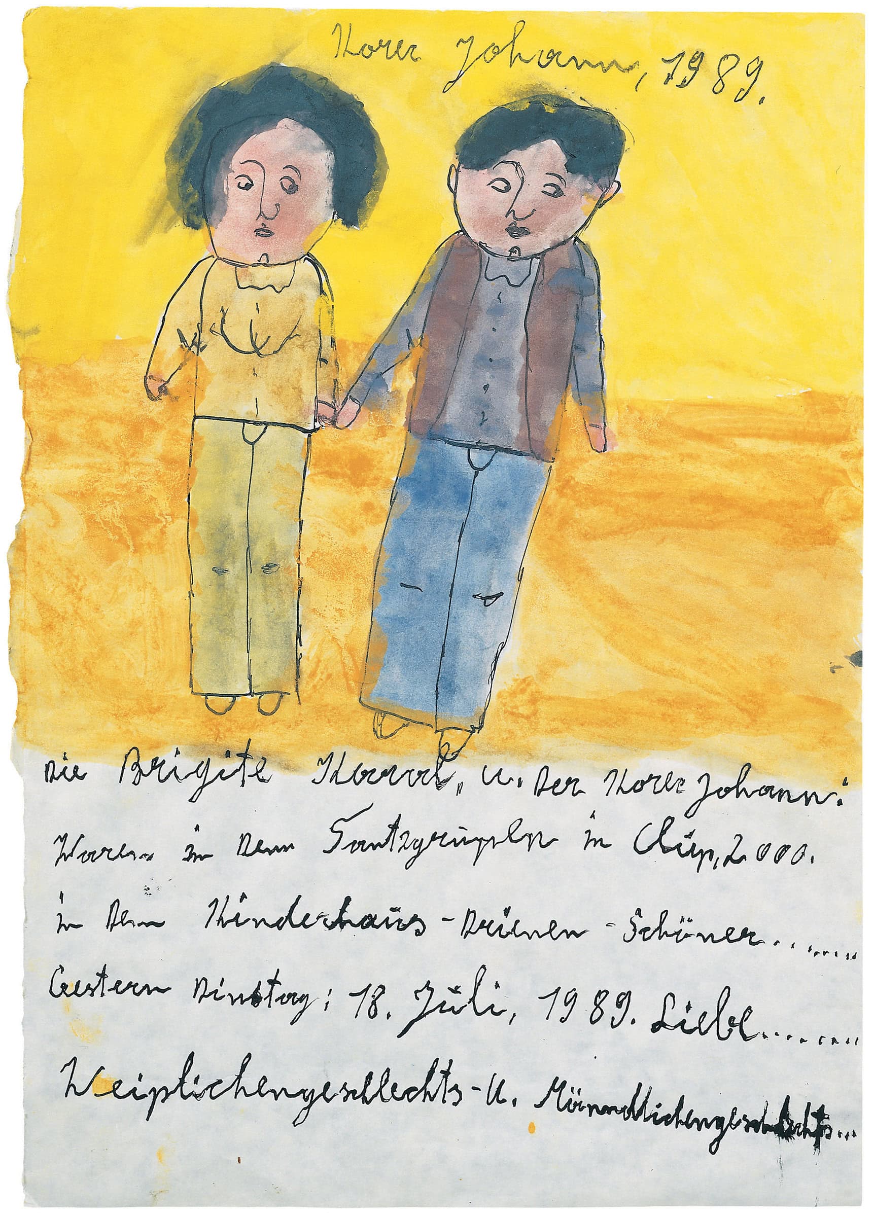 Johann Korec * 1937 in Wien Österreich (AUT) † 2008 in Maria Gugging (AUT) Die Brigitte Karrel, u. Der Korec Johann, 1989 Gouache auf Papier 45 x 32,5 cm (Sammlung Zander | Naive Kunst)